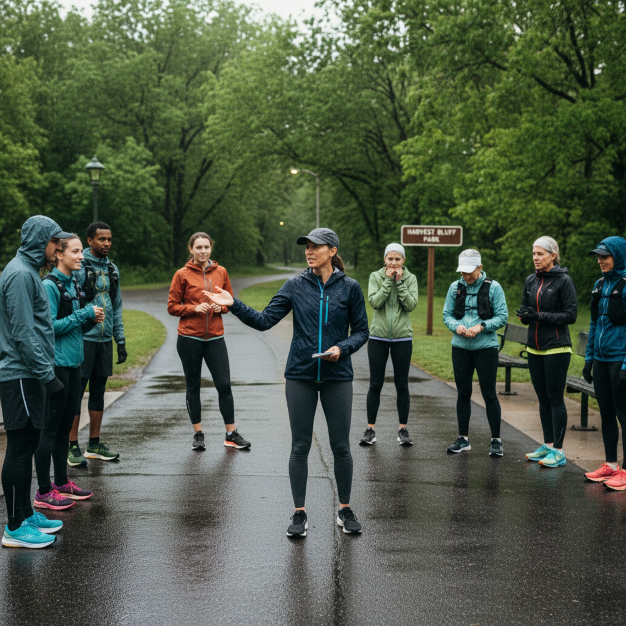 Vor einem Techniktraining formiert der Coach die Gruppe und gibt kurze Hinweise zur Strecke. Ein leichter Nieselregen perlt von den Jacken, doch alle wirken informiert und entspannt. Die Pace-Gruppen stehen bereits zusammen, Absprachen sind kurz und klar.