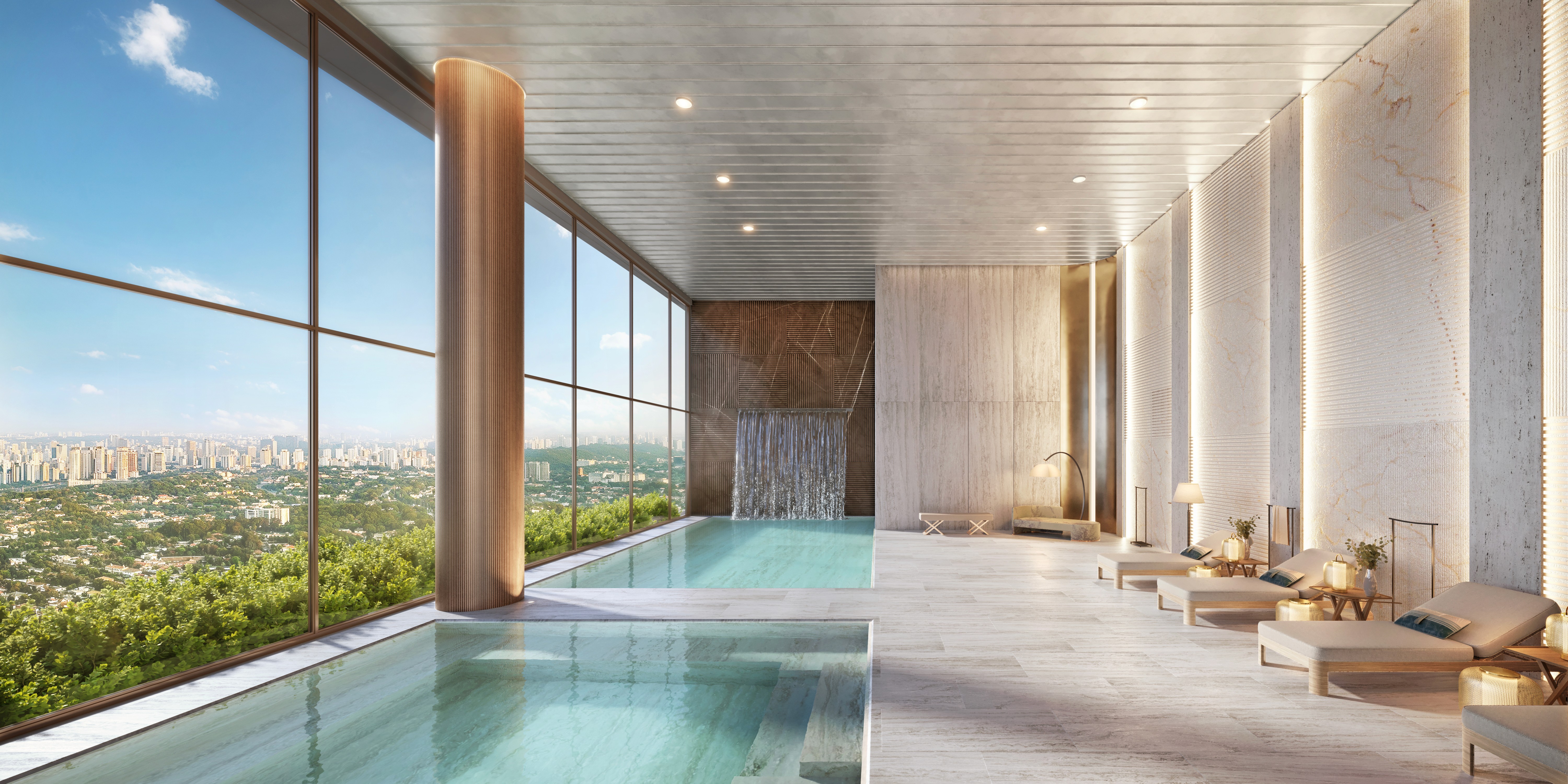 Curved modern skyscraper against a clear blue sky.