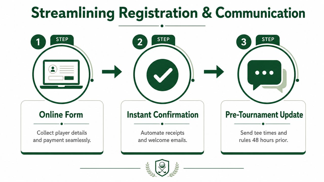 A three-step infographic for golf tournament registration, featuring online forms, instant confirmation, and pre-tournament updates.