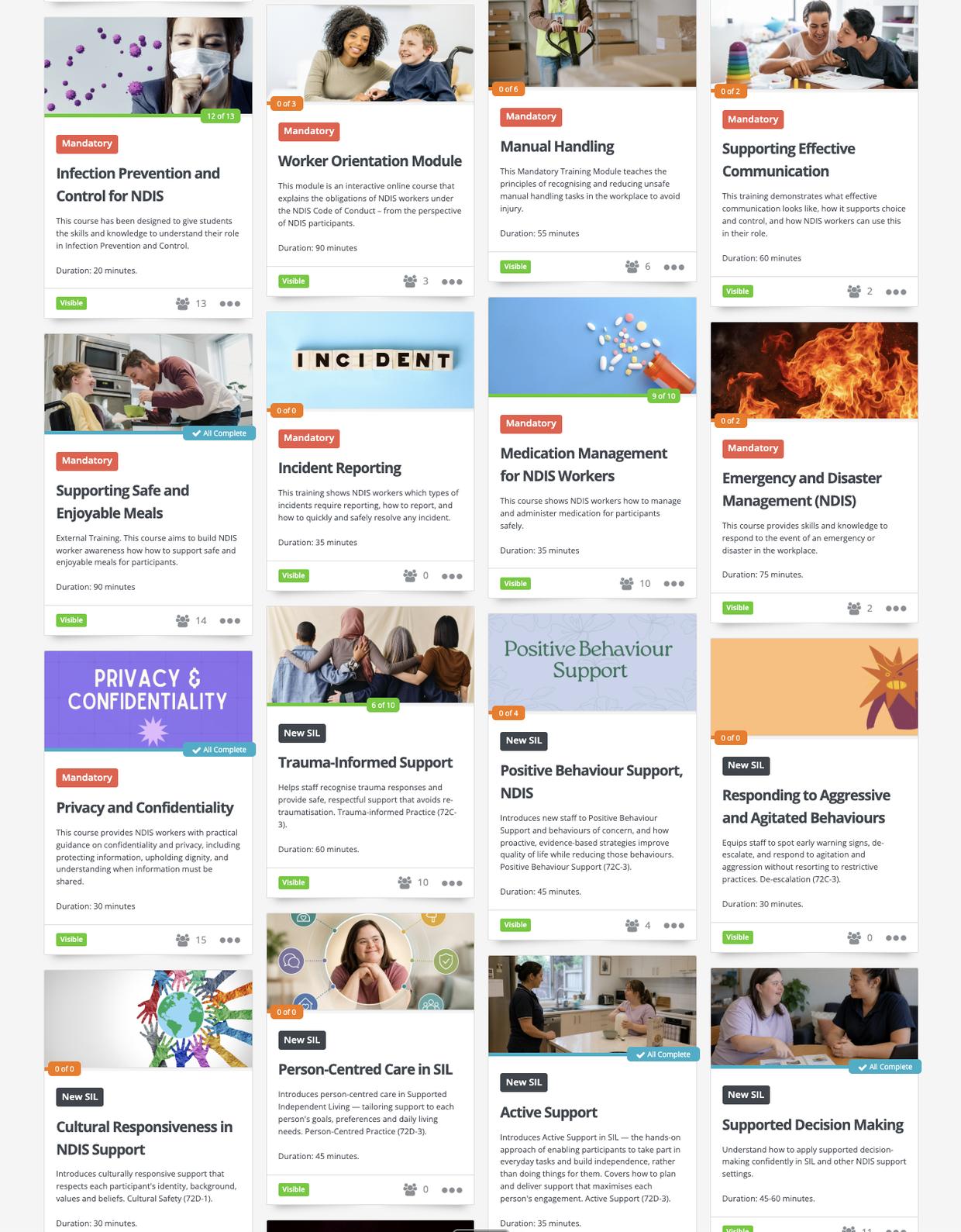 The Wyzed NDIS module library, showing mandatory and New SIL modules with their durations