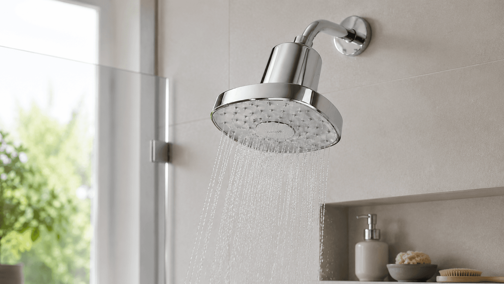 OPINE filtered showerhead installed in a modern bathroom with water flowing from a wide round spray face.