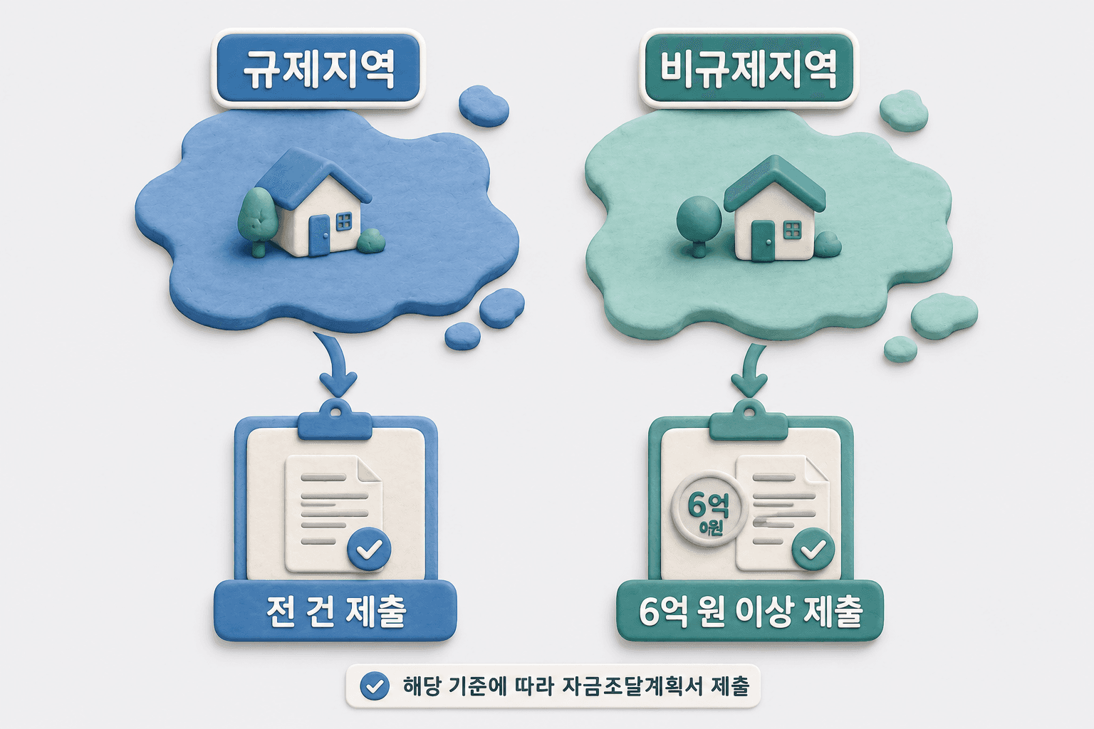 규제지역과 비규제지역의 자금조달계획서 제출 기준을 비교한 도해