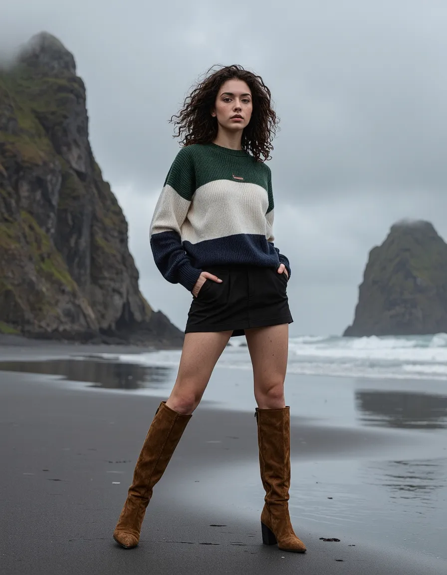 Stylish winter fashion portrait featuring colorful striped sweater and brown boots against dramatic coastal landscape with sea stacks.