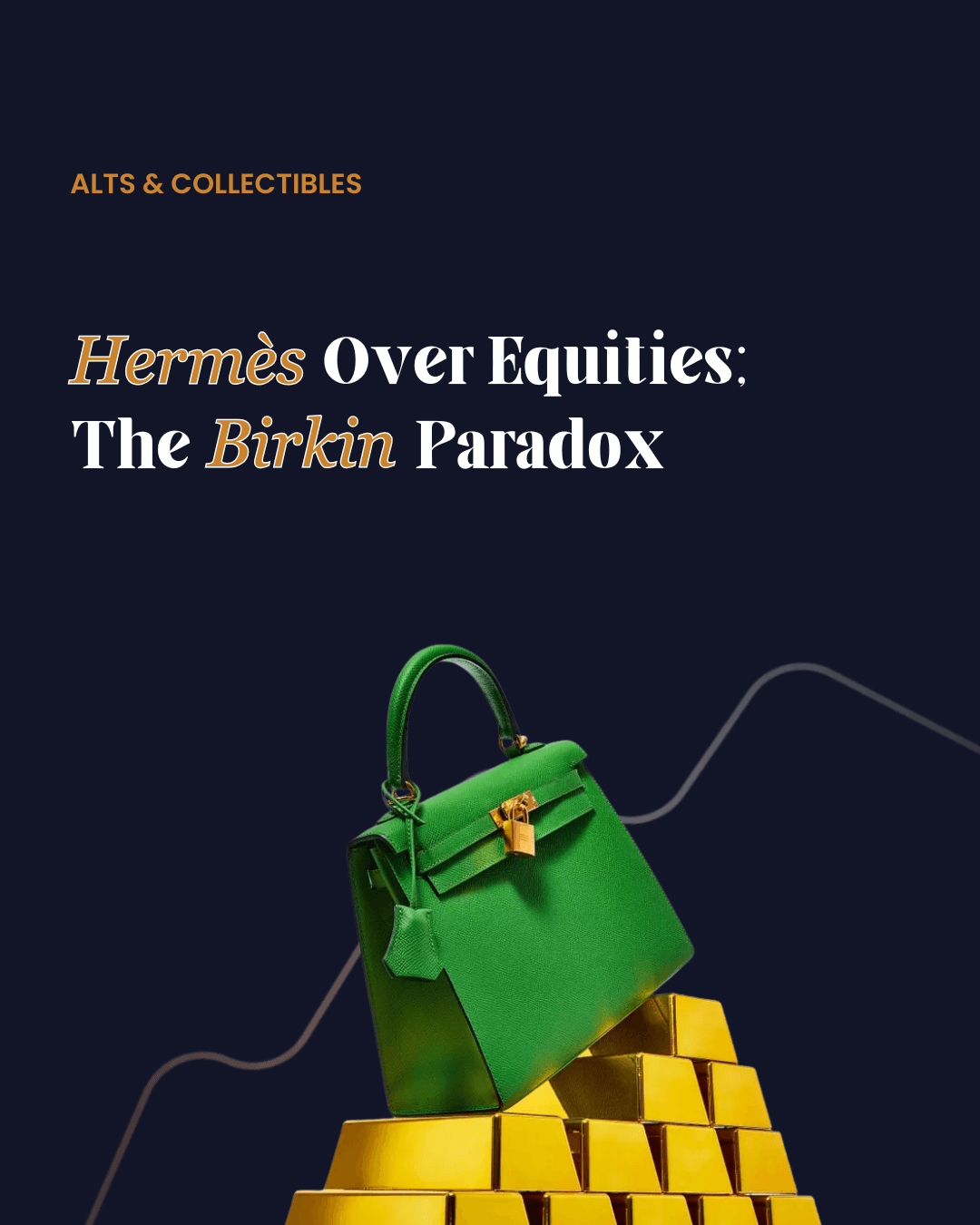 Luxury green leather handbag styled like a Birkin placed on stacked gold bars against a dark background, with a rising line graph and headline about collectibles and equities.