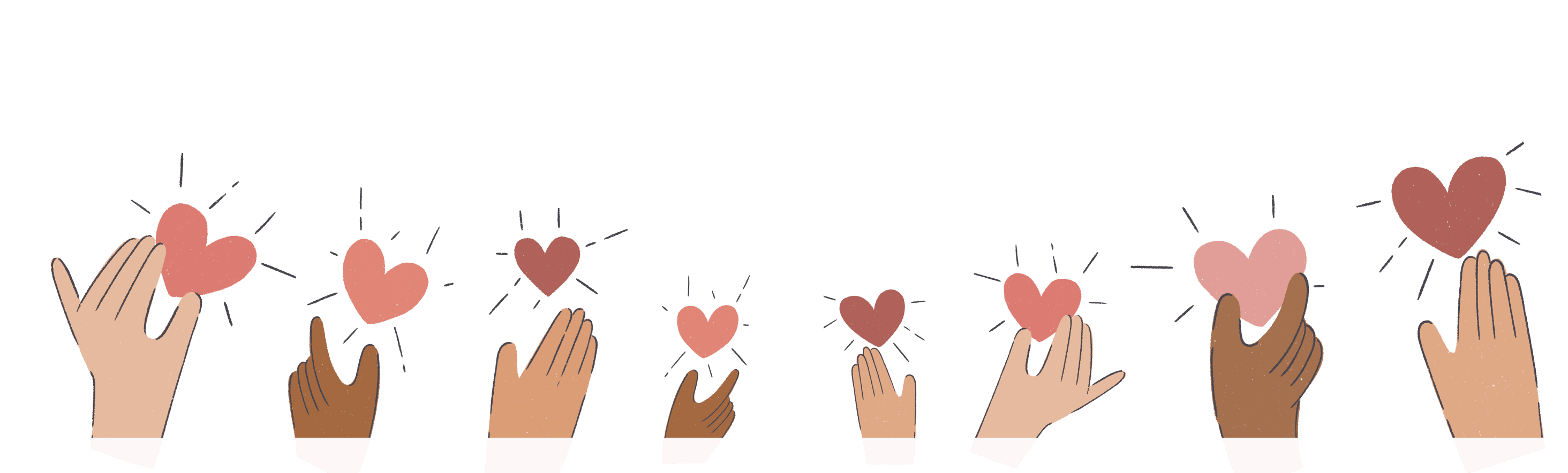 Diverse hands gently hold and lift small hearts.