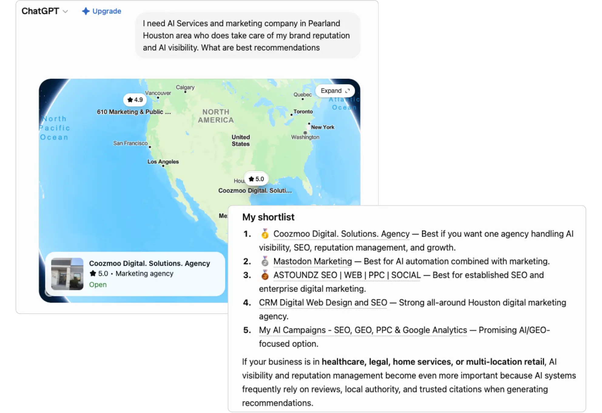ChatGPT recommendations for AI visibility and best reputation management agencies in Houston, Texas.