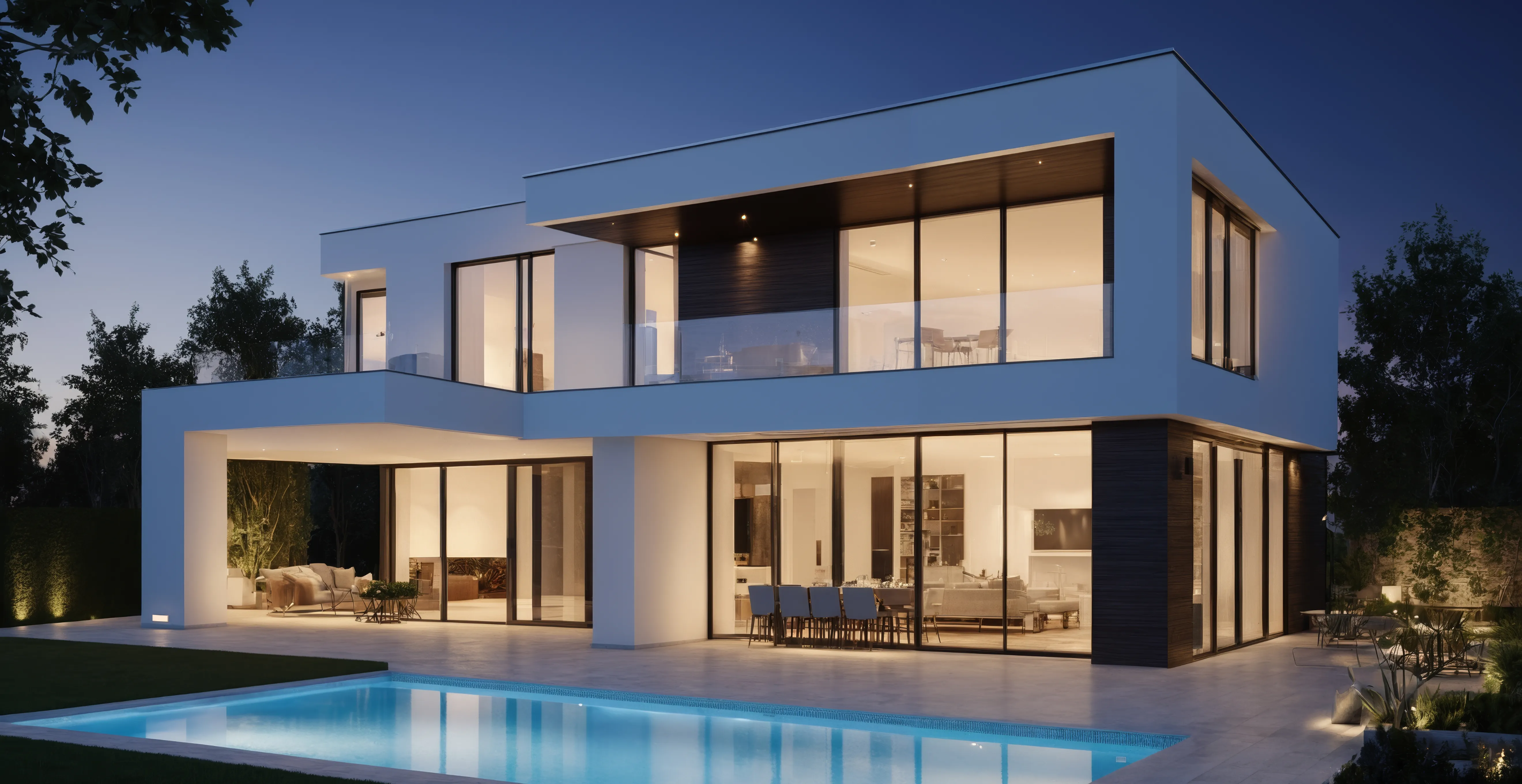 Two-story contemporary white villa with an outdoor swimming pool and expansive glass walls at night.