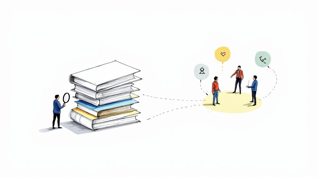 An illustration of a person researching books, leading to a team collaborating and sharing ideas.