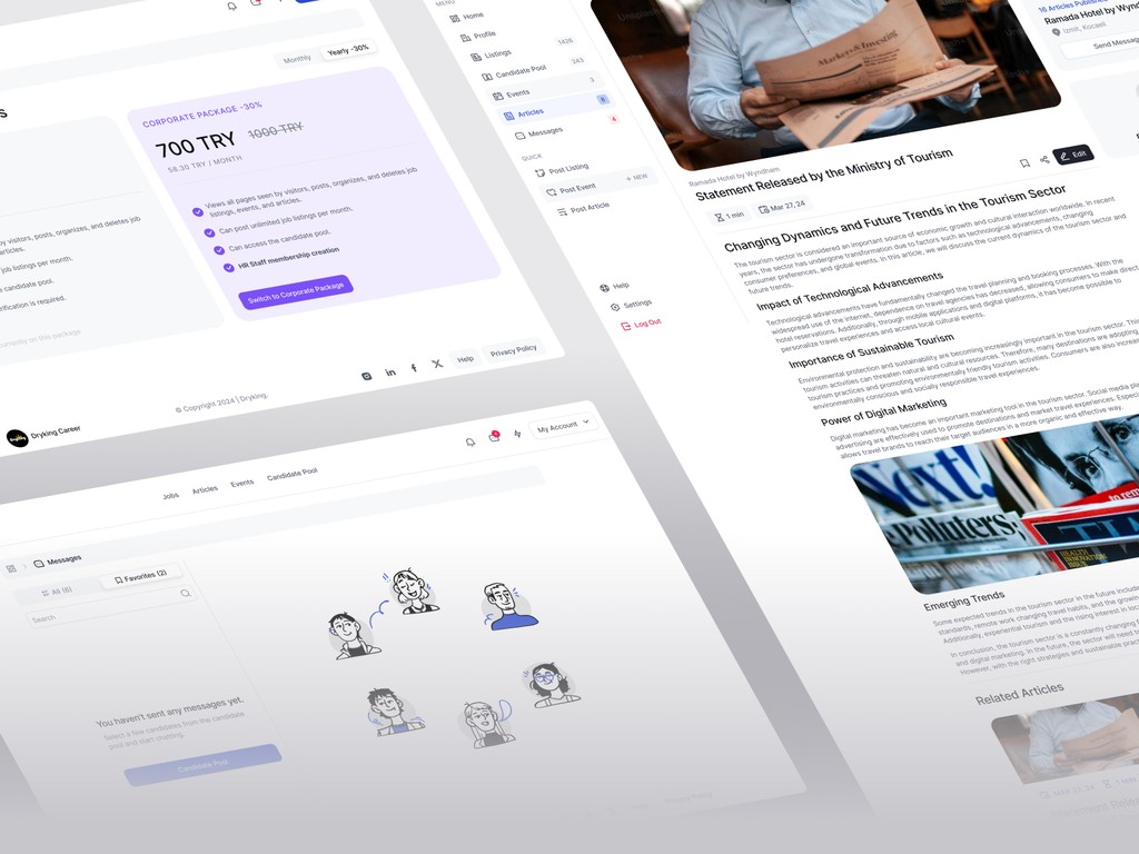 Corporate membership pricing screen and long-form article view showcasing tourism sector trends and digital impact