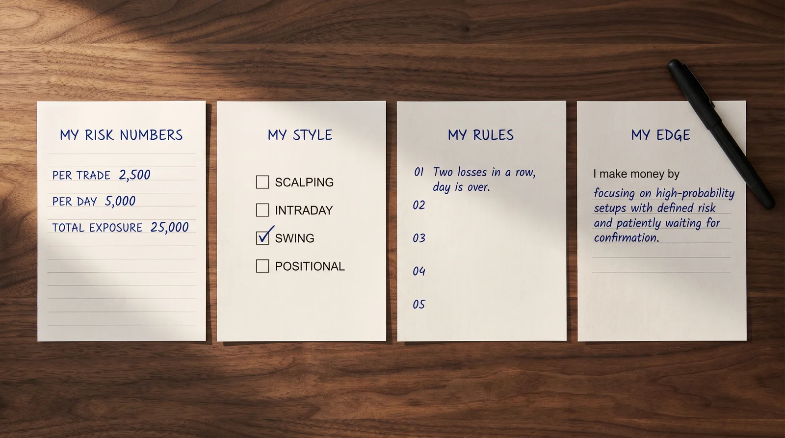 The four Playbook documents: risk numbers, style, rules and edge, written out on paper