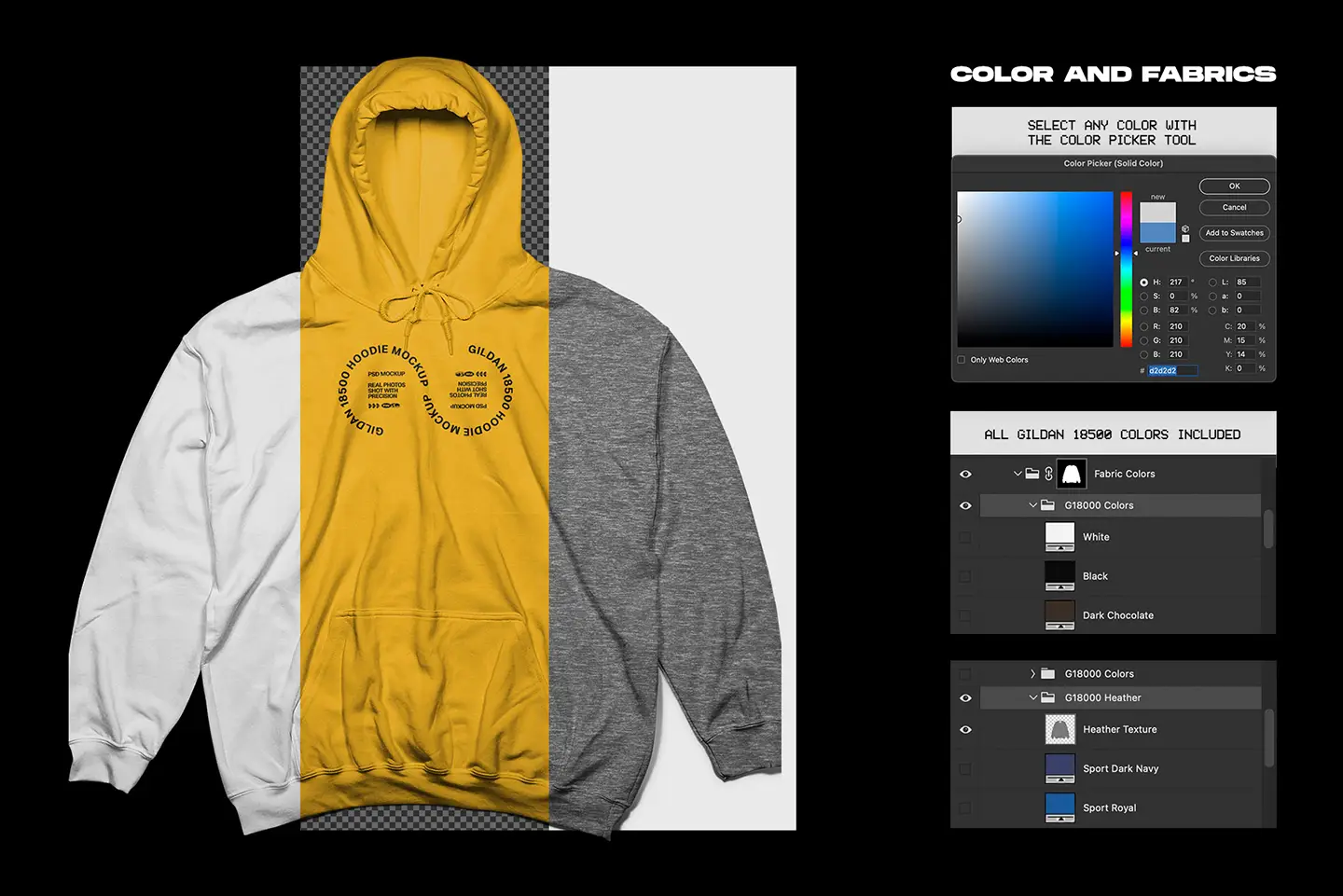 Gildan 18500 Hoodie Front mockup fabric color options with Photoshop controls