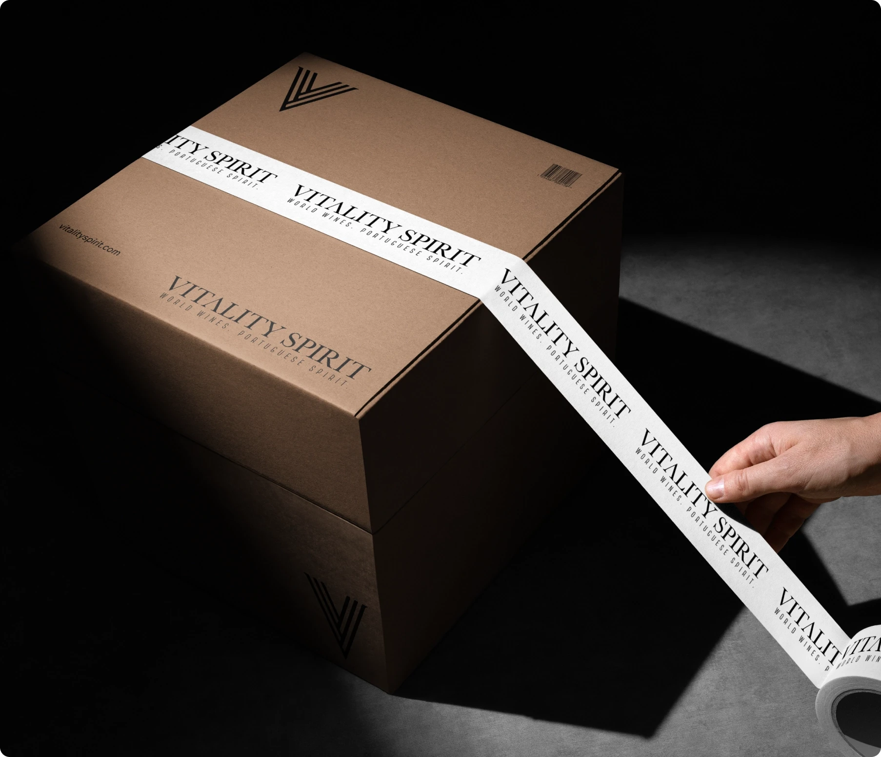 Brown VITALITY SPIRIT cardboard box sealed with branded white ribbon, held by a hand against a dark background in dramatic light.