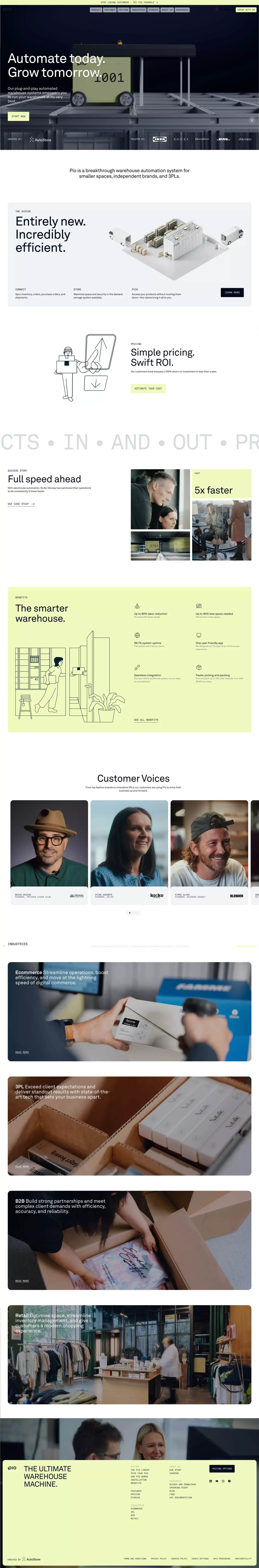 Pio's Breakthrough Automated Warehouse S landing page screenshot showcasing Tech design