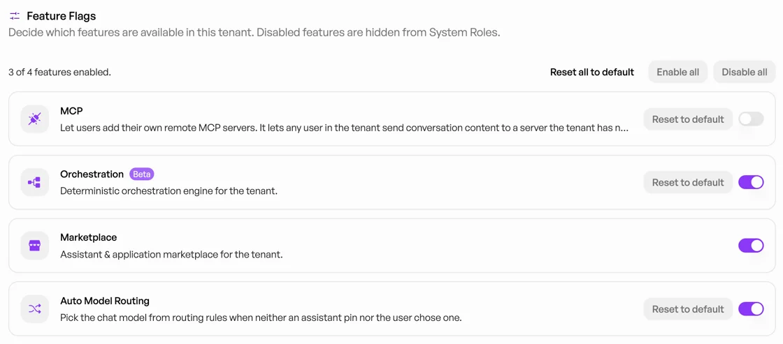 Feature Flags in den Admin-Einstellungen des neuland.ai HUB mit MCP, Orchestration, Marketplace und Auto Model Routing