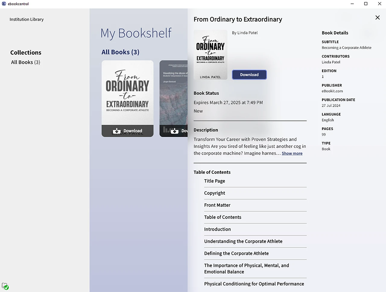 the book details panel of the EBC app