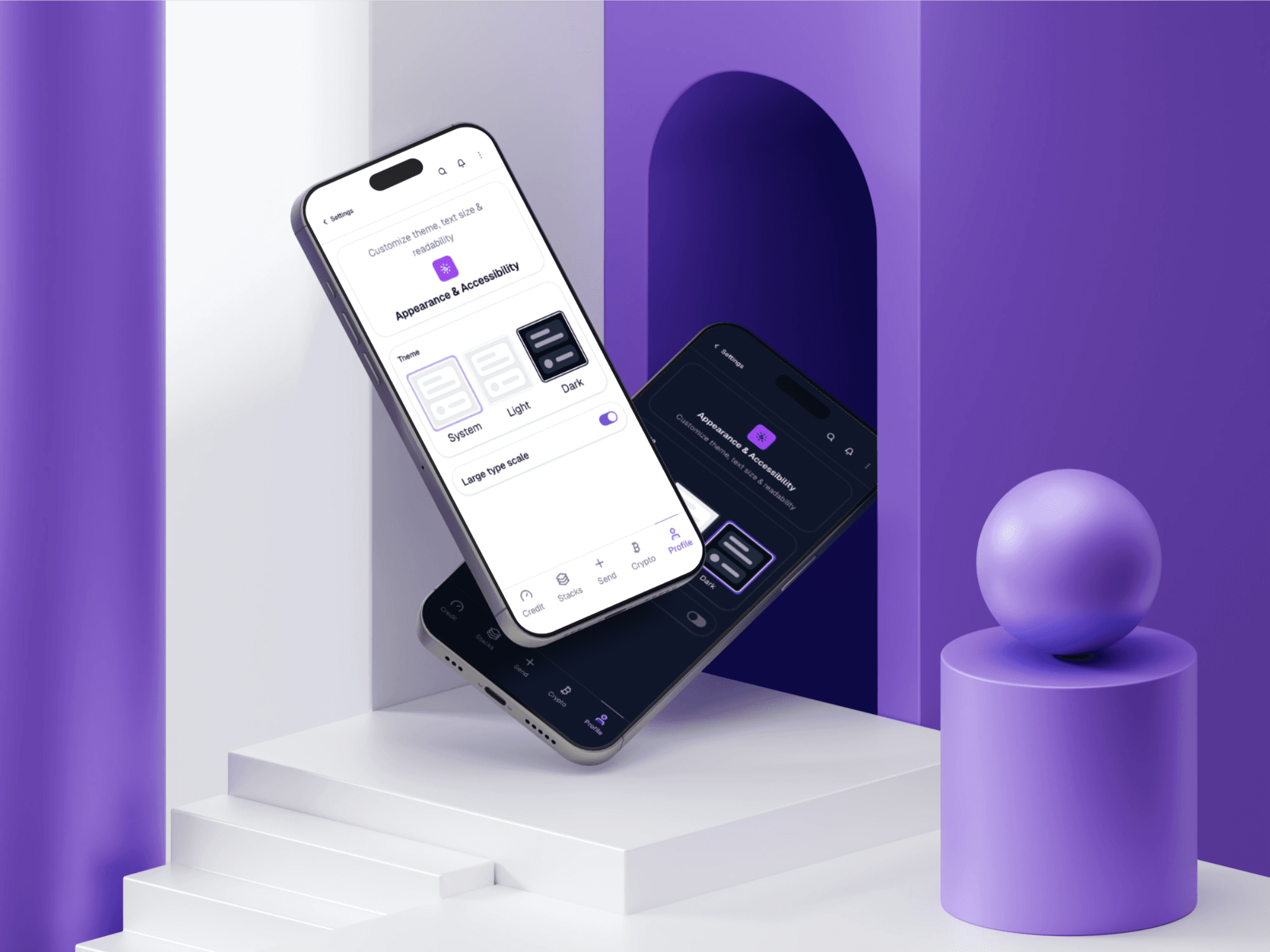 WeStack app showing settings for appearance and accessibility with light and dark mode options for a customizable user experience
