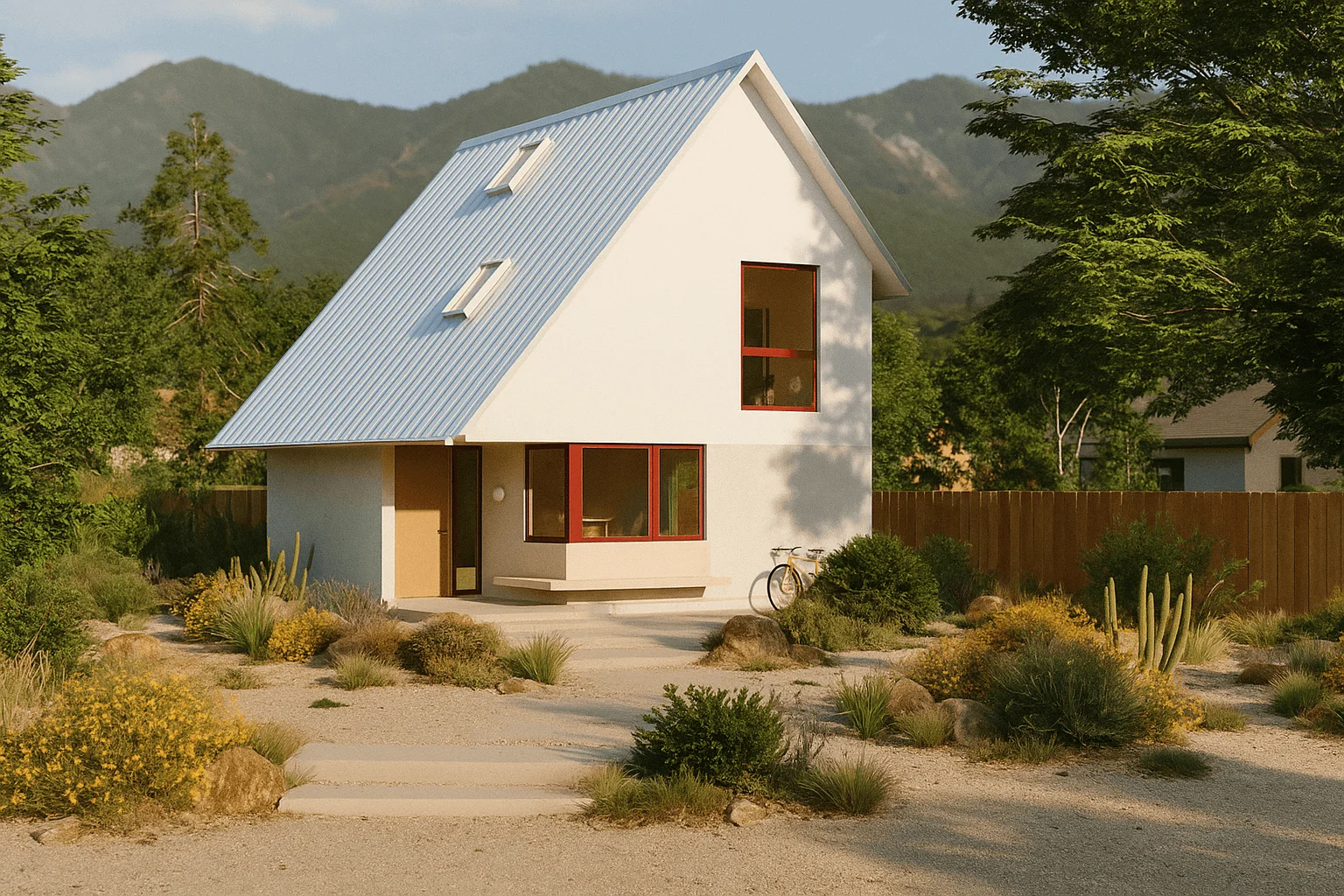 A modern two-story house with a sloped metal roof, featuring large windows with red frames. The house is surrounded by a landscaped garden with various plants and rocks, and a pathway leading to the entrance. In the foreground, there is a bicycle parked beside the house, with mountains visible in the background. The scene is set in a sunny environment.