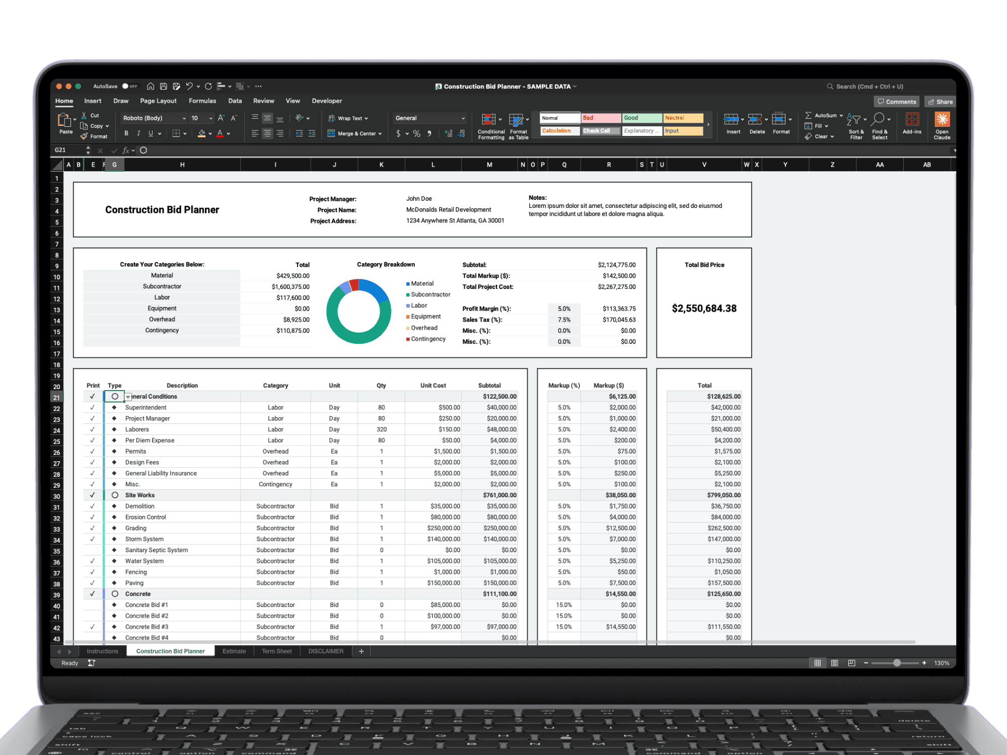 Screenshot of the Construction Bid Planner spreadsheet showing a sample bid with category totals, a donut chart breakdown, a $2,550,684.38 total bid price, and a detailed line-item table.