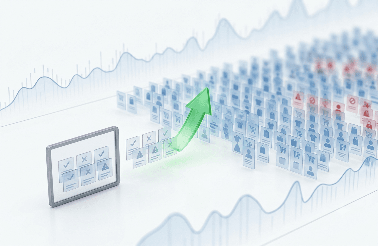 Dashboard with check and warning marks scanning rows of online seller listings, with a green arrow rising upward.