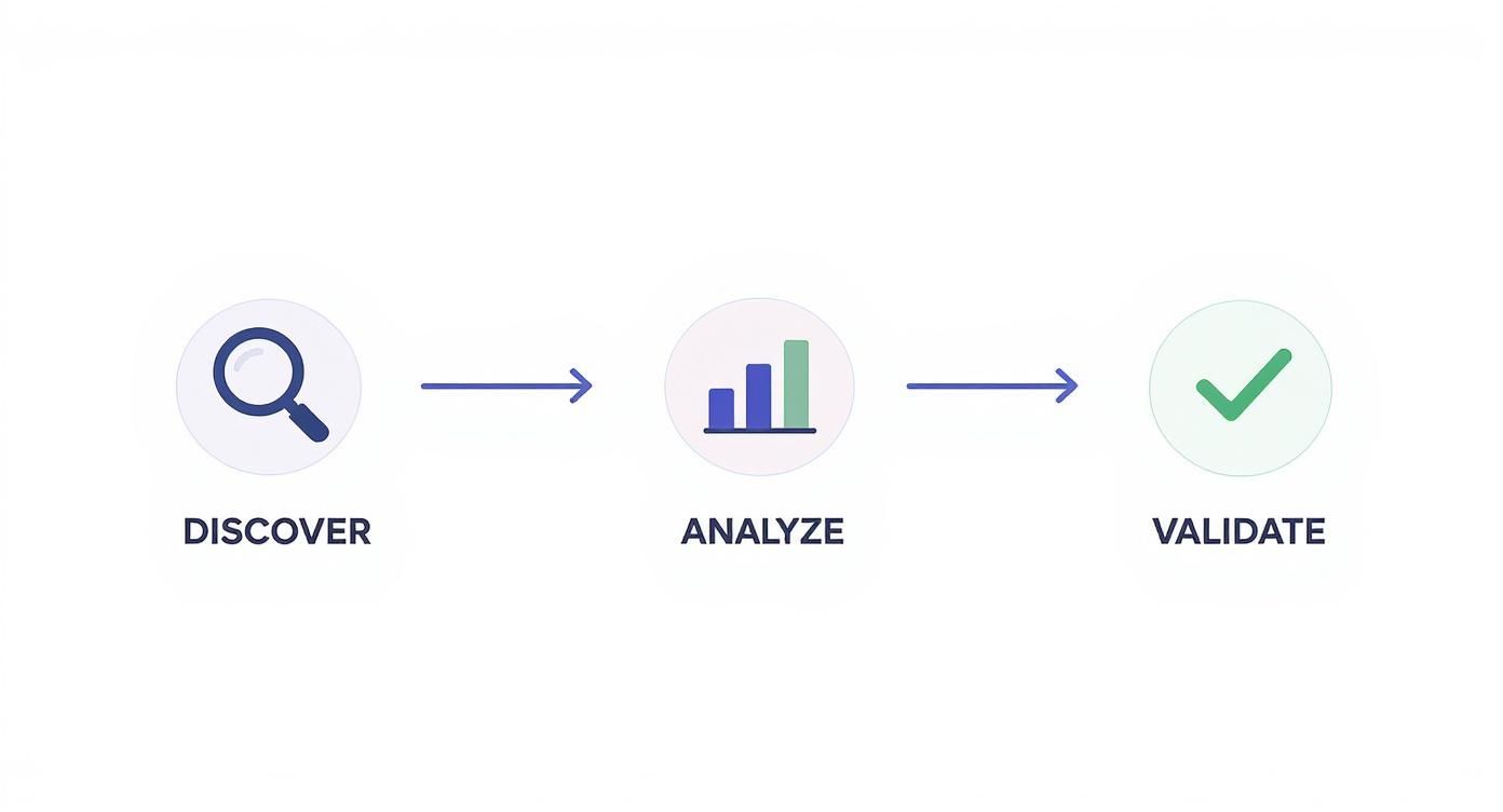 A three-step process flow: Discover with a magnifying glass, Analyze with a bar chart, and Validate with a checkmark.