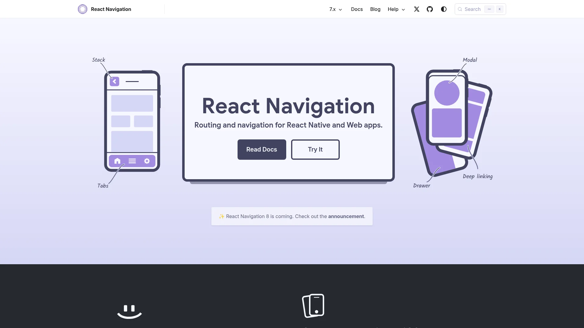 React Navigation documentation page showing navigation setup for handling deep links in React Native apps
