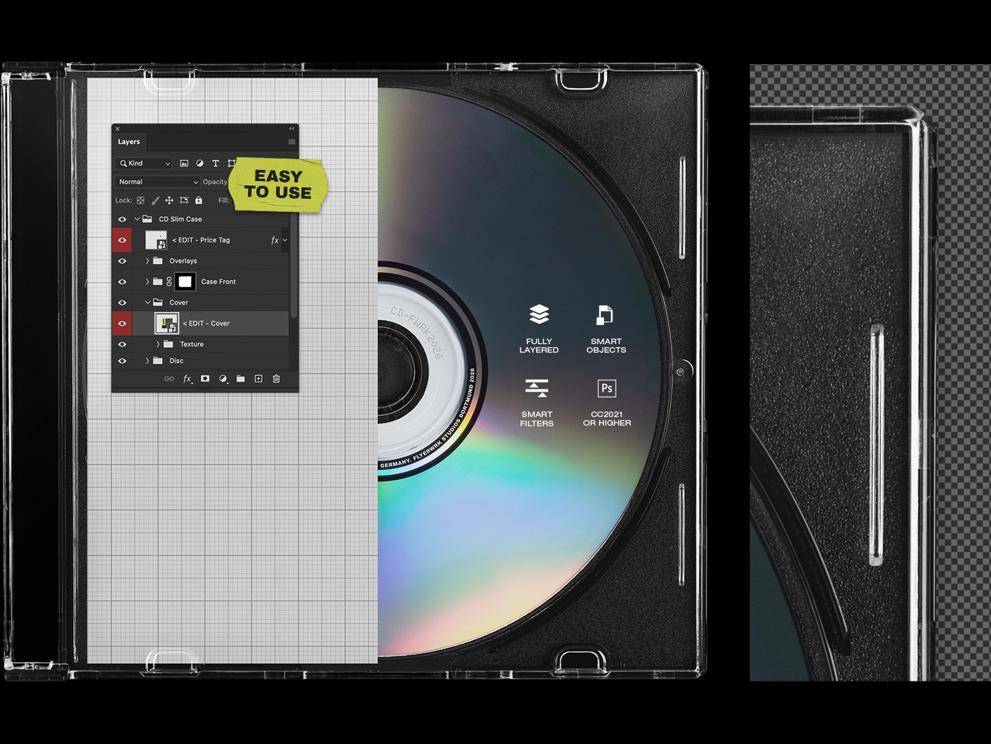 Technical view of the Maxi Single CD Slim Case Mockup highlighting smart object and filter features