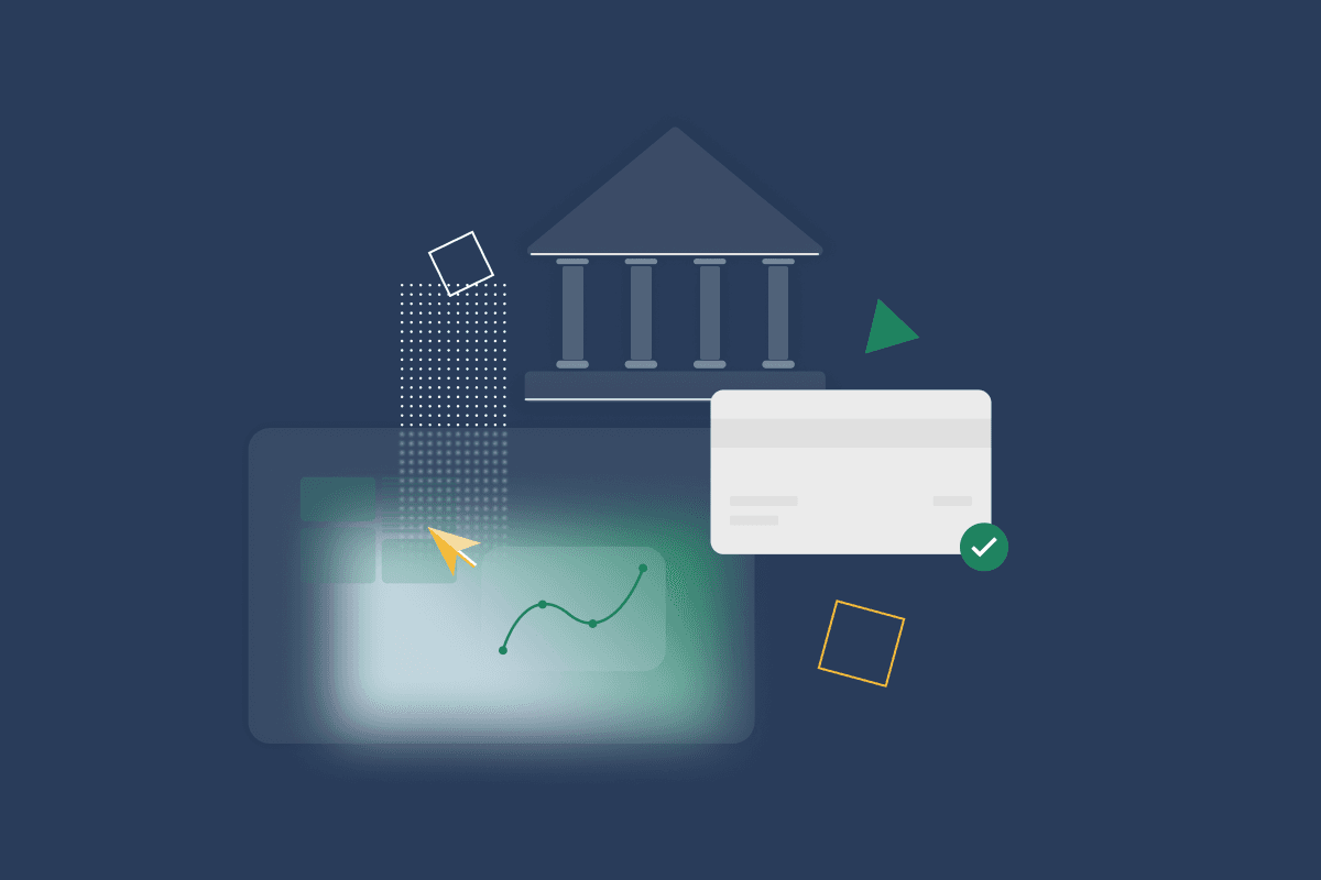 An illustration of a bank, a form, and bank card on a blue background.