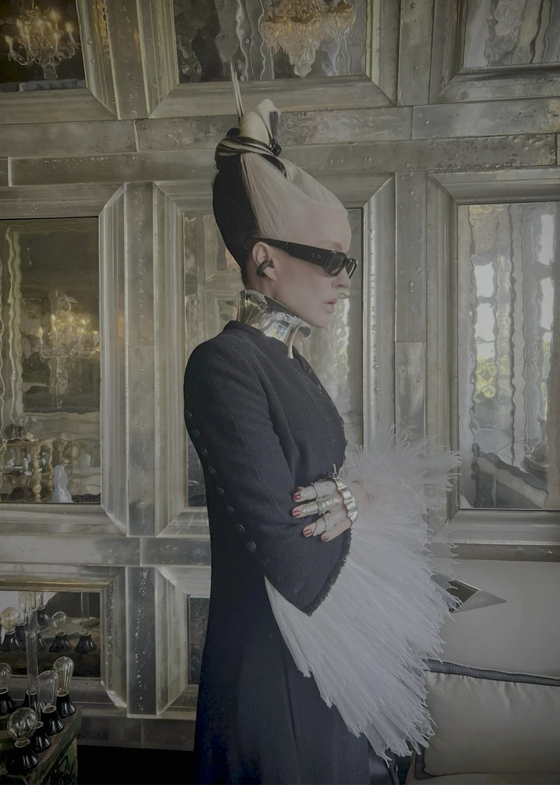 High-fashion portrait of Daphne Guinness wearing a signature Shaun Leane polished silver neck cuff and avant-garde diamond jewellery.