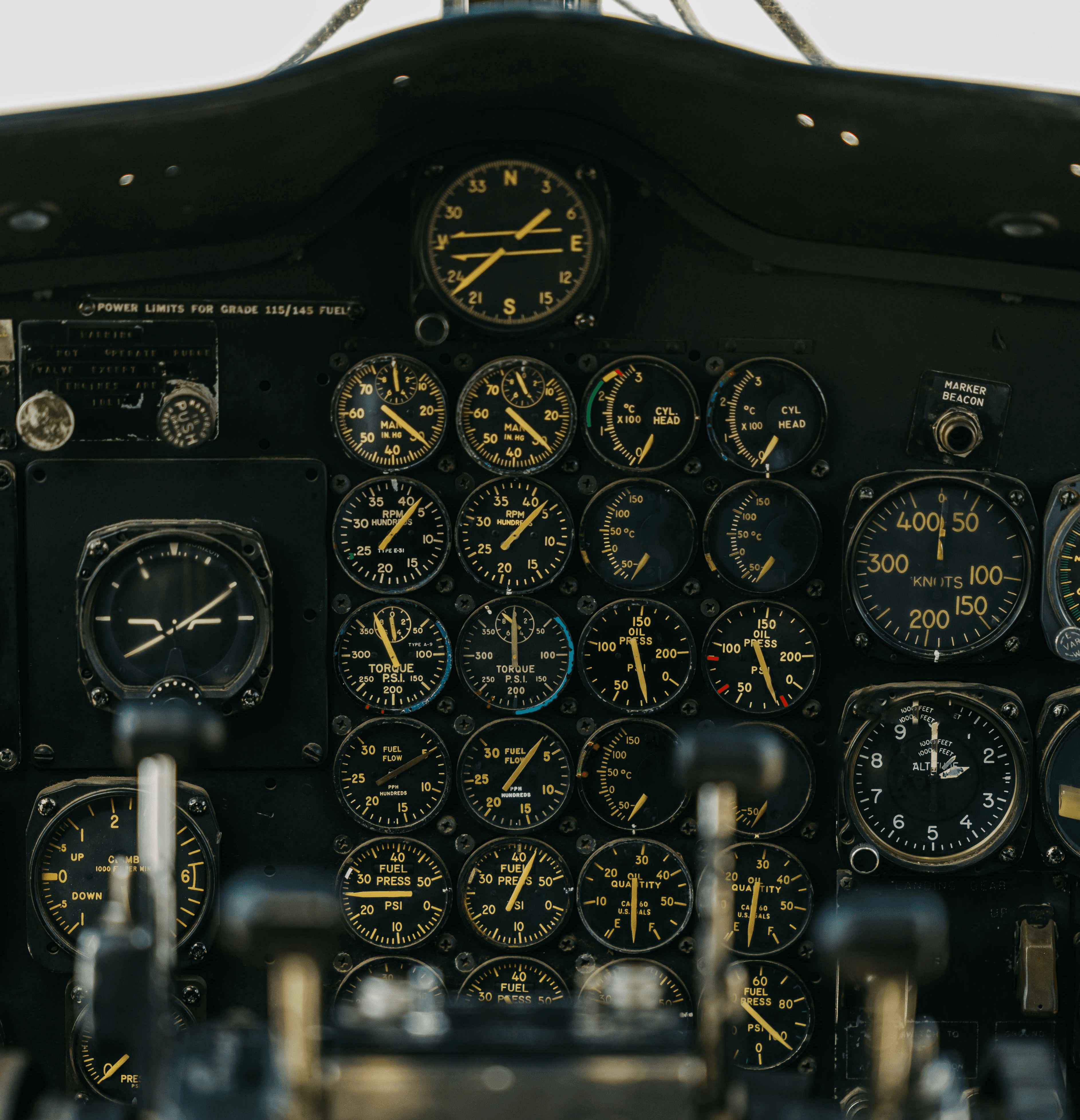 Panel with gauges in cockpit of airplane