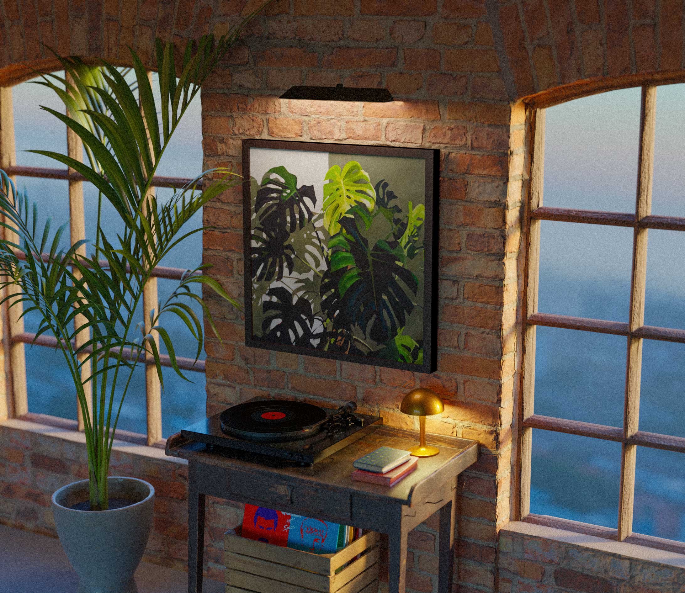 A modern brooklyn appatment featuring a monstera painting between two windows on a brick wall