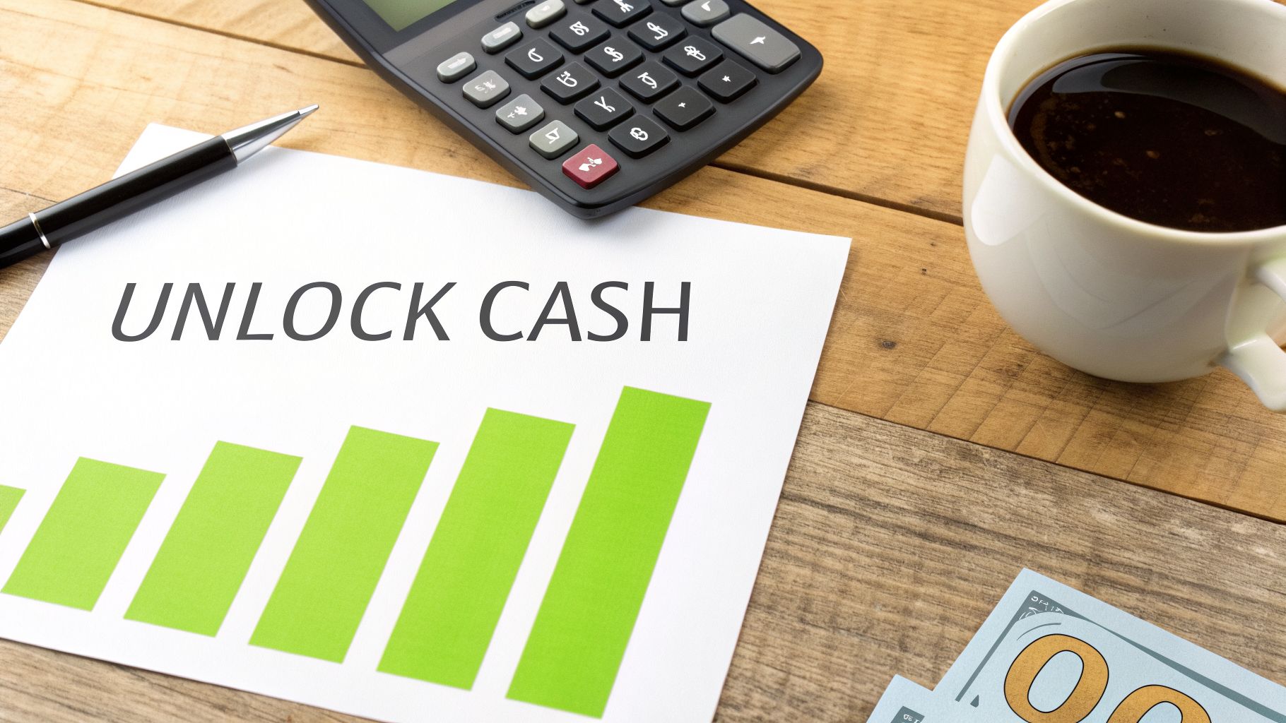 A desk setup with a calculator, coffee, and a paper showing 
