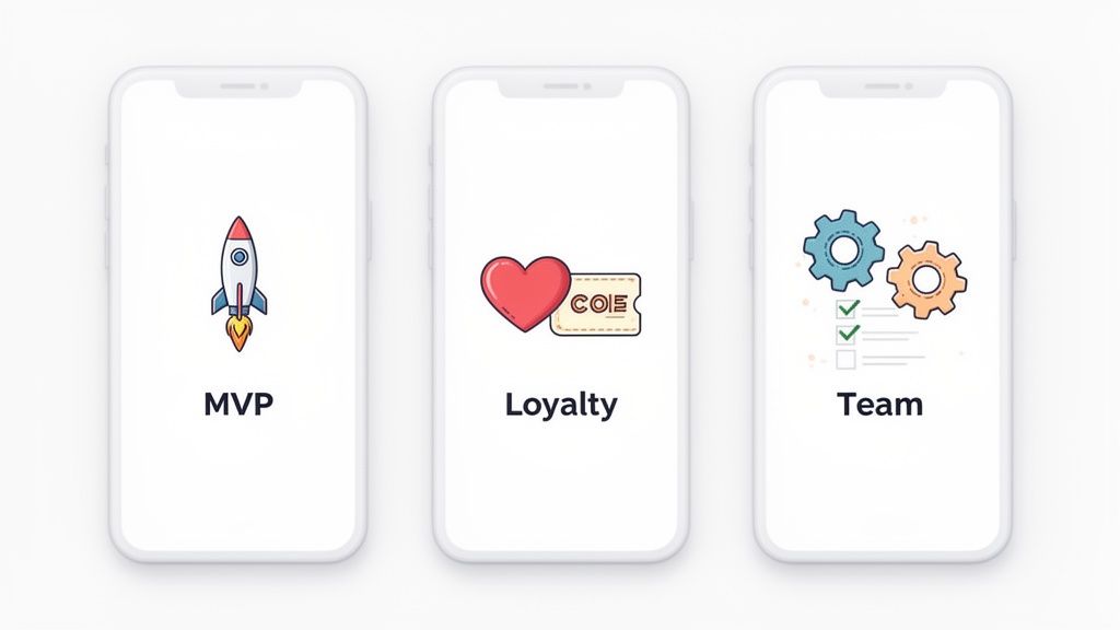 Three smartphones display app development concepts: MVP, Loyalty, and Team, with relevant icons.