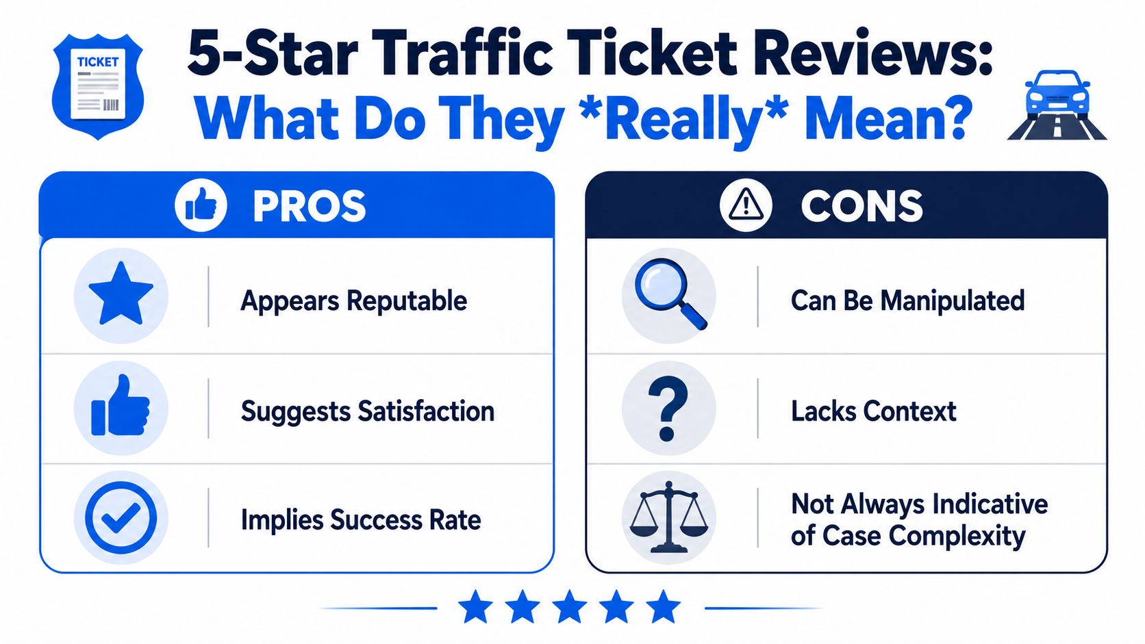 A graphic weighing the pros and cons of 5-star traffic ticket attorney reviews for potential clients.