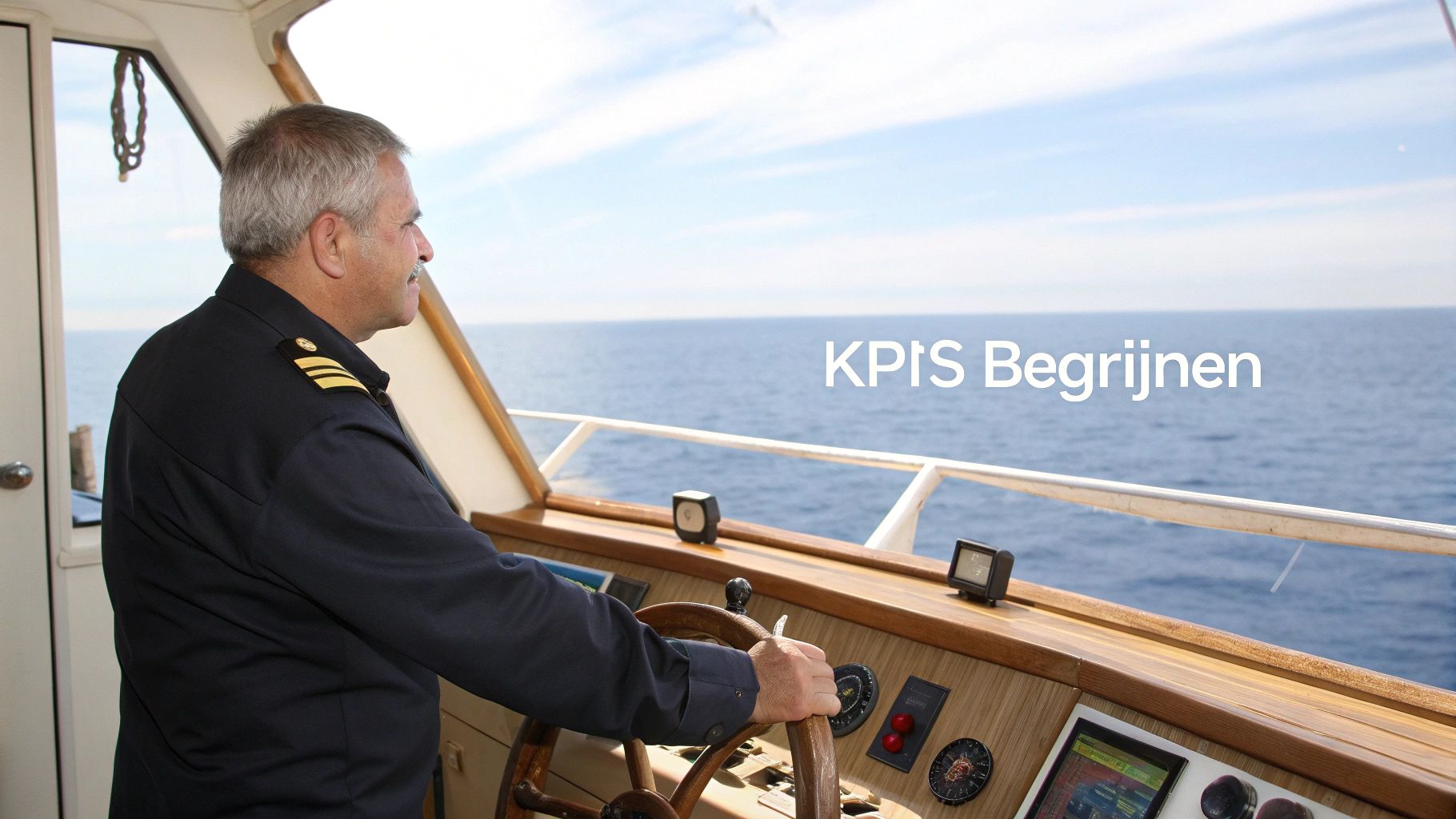 Een kapitein in uniform stuurt een boot op open zee, met de tekst 'KPIS Begrijnen' op de achtergrond.