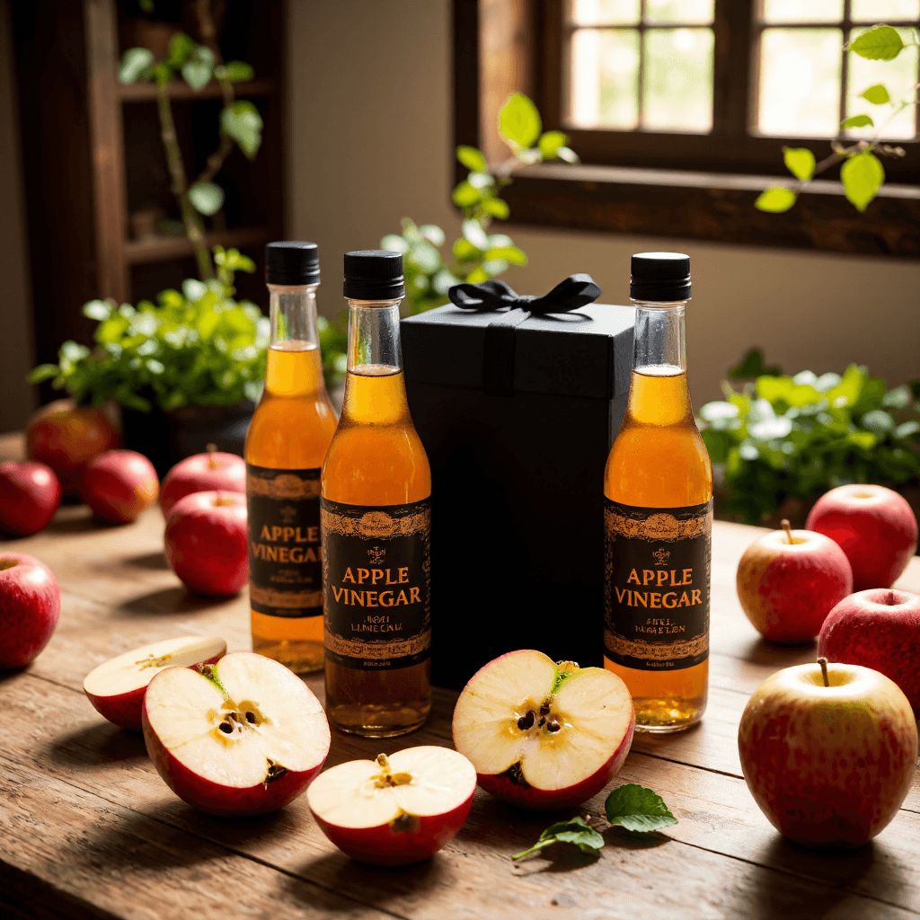product photography of a gift set of three bottles of apple vinegar