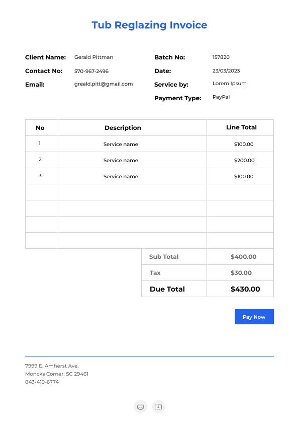 Tub Reglazing Invoice