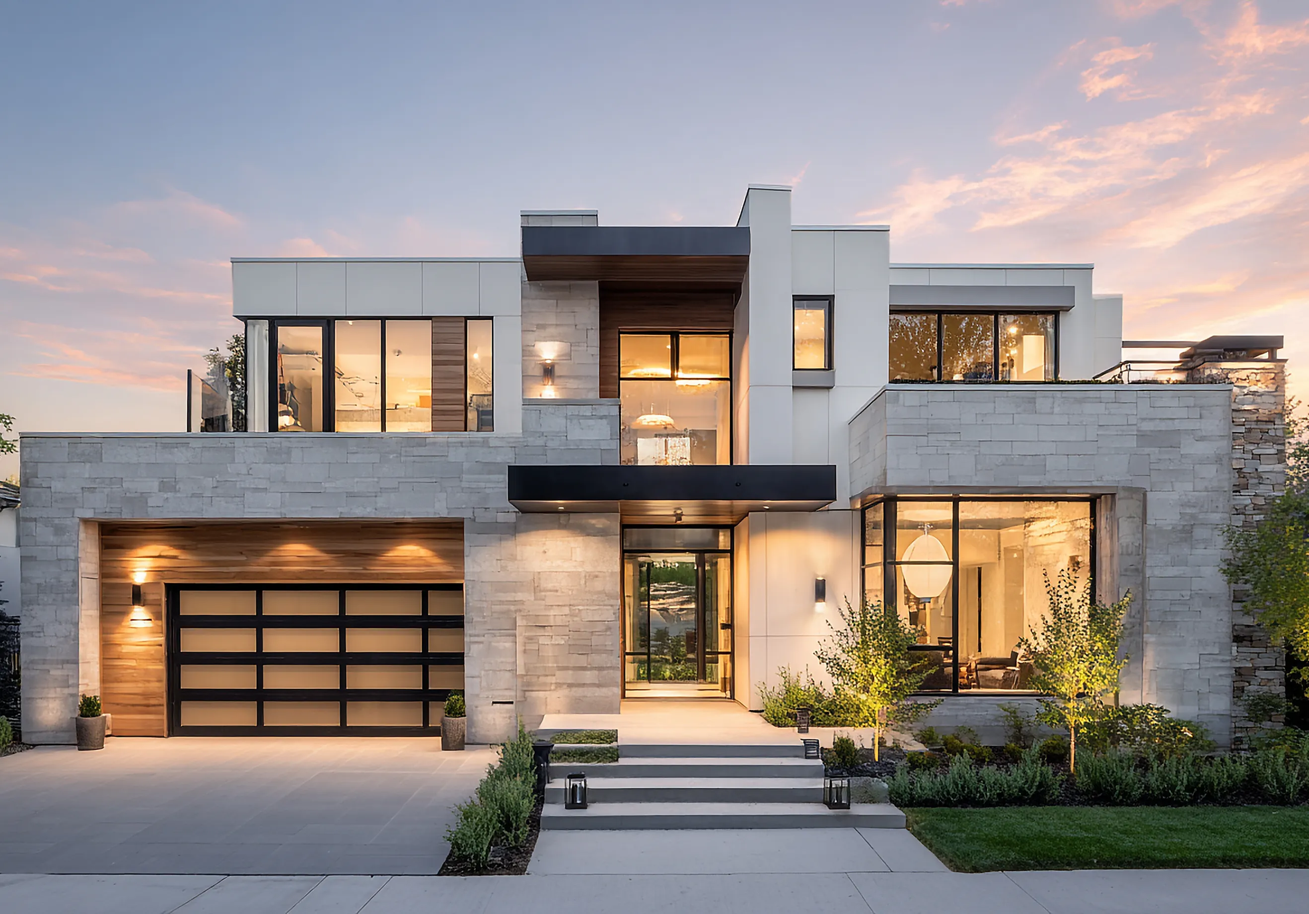 Luxury seaside estate featuring white stone architecture and glowing interior lights against a sunset sky.