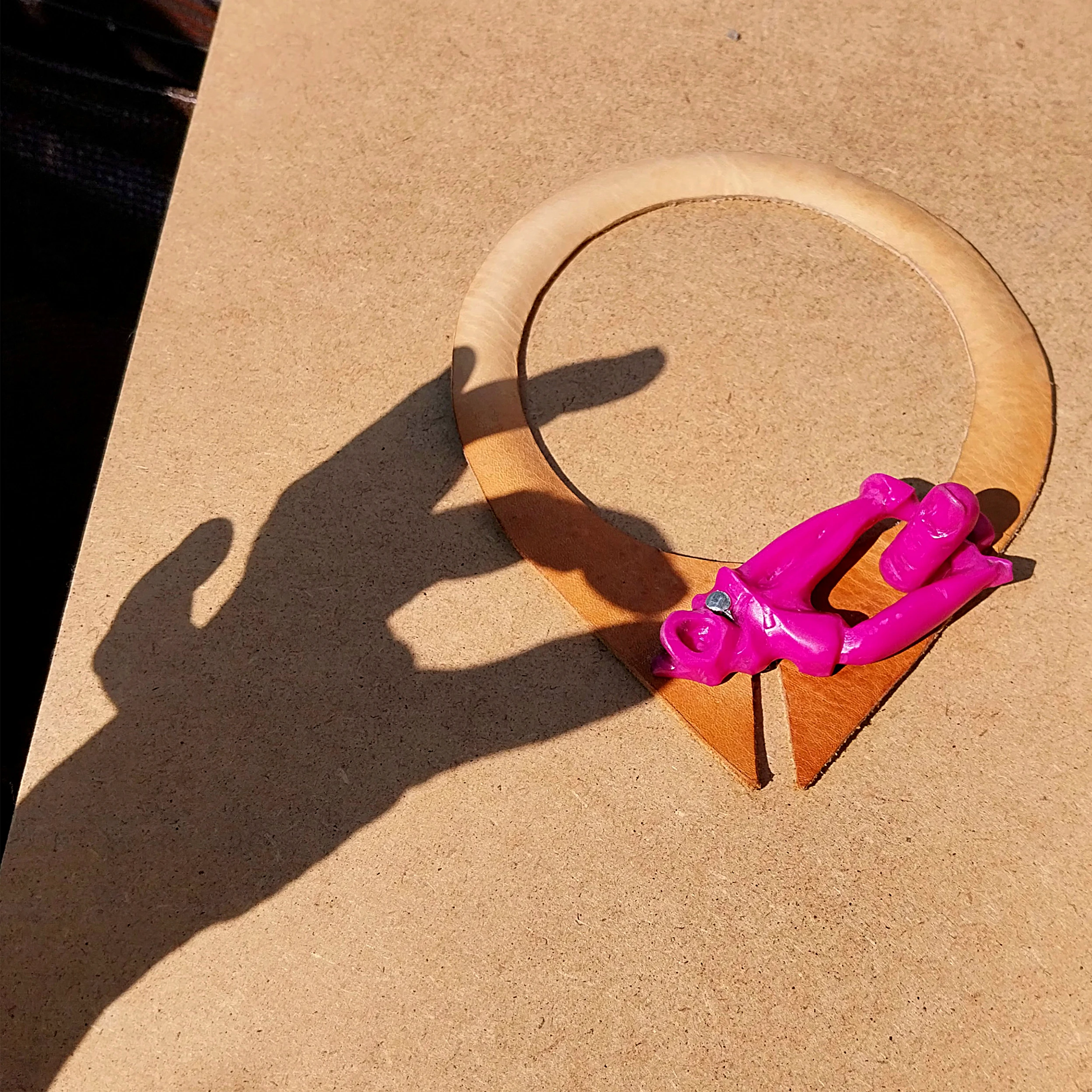bone and skin AK contemporary sculptural necklace leather hand carved pink composite stone