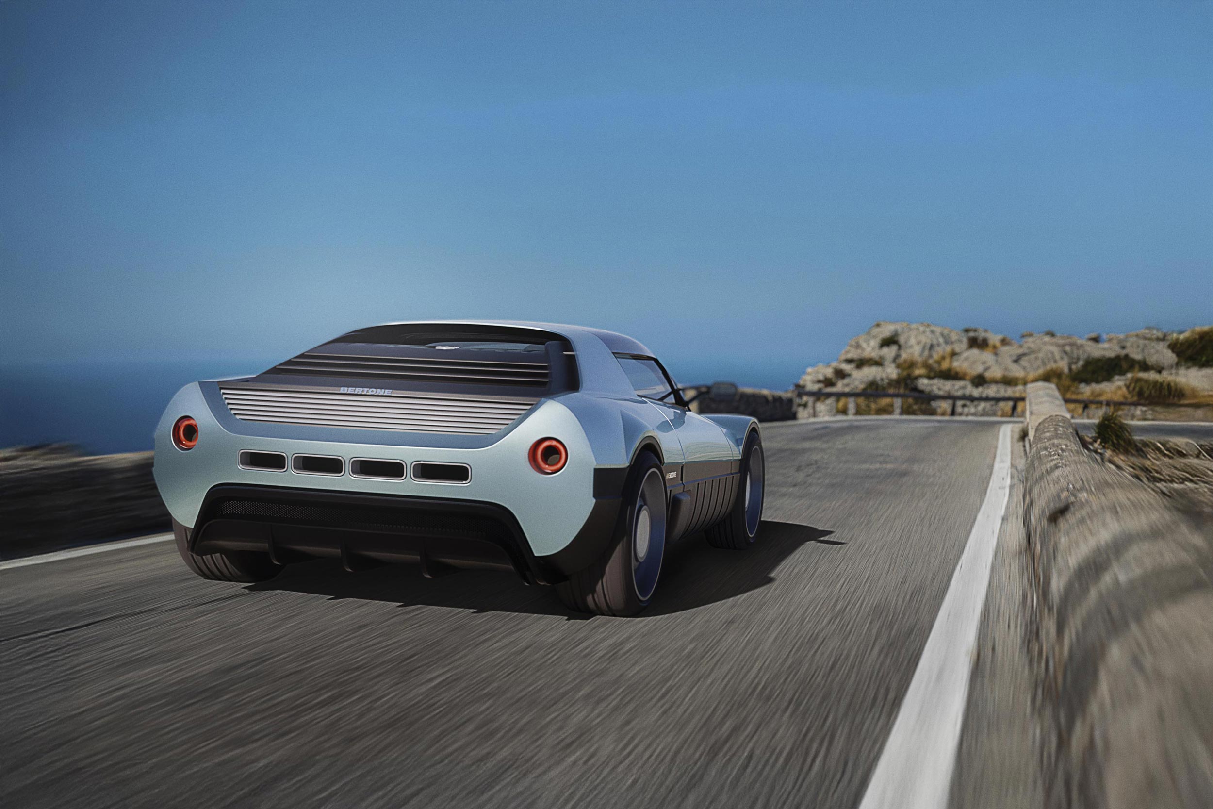 Photorealistic render of Bertone Runabout on a mountain pass, rear view