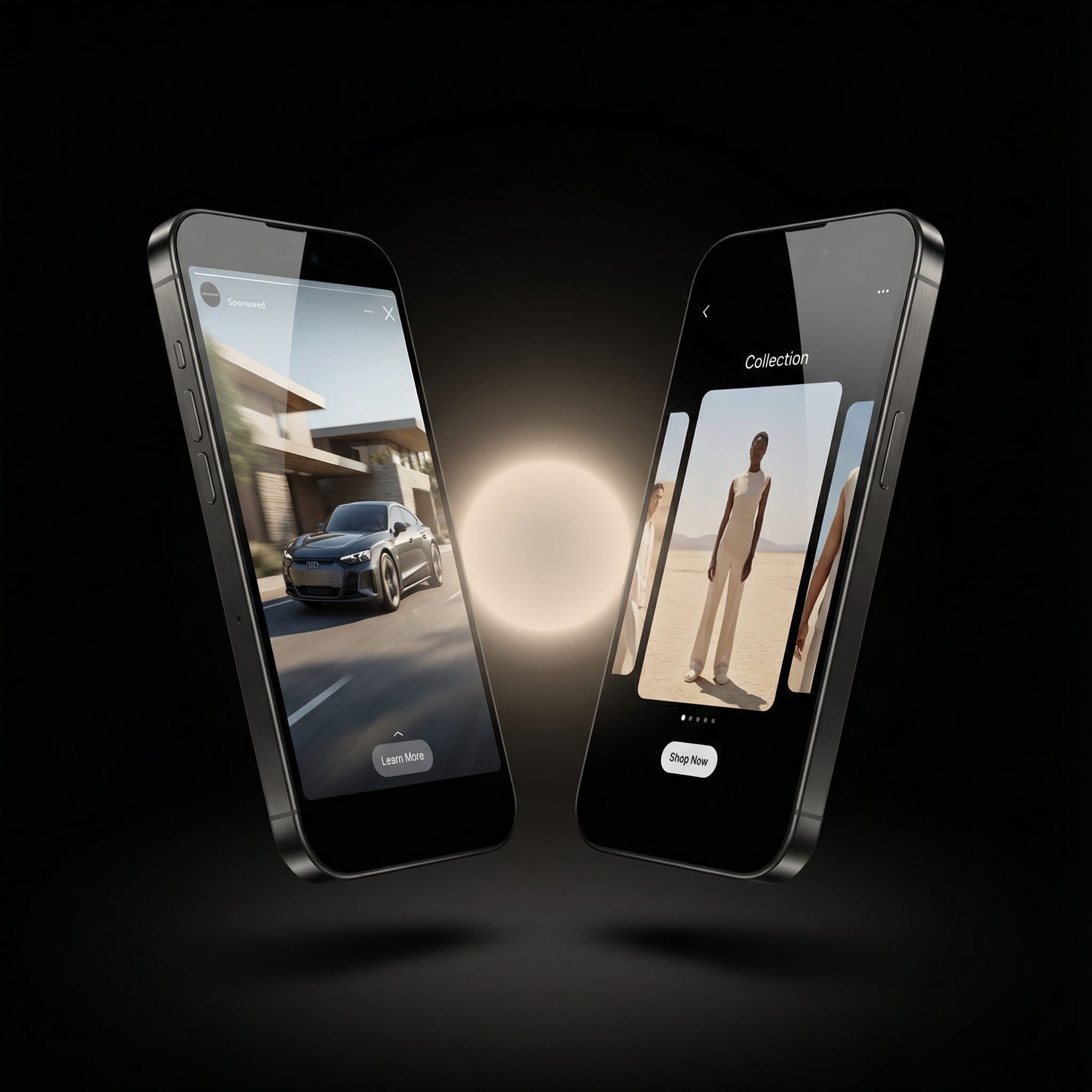 The phone on the left displays an advertisement for an Audi car driving on a road in front of a modern house. The phone on the right shows a fashion collection with a model in a desert-like setting
