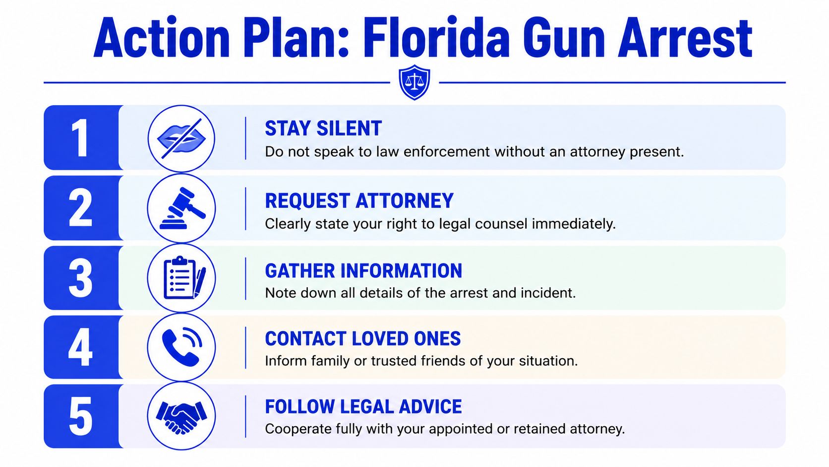 A five-step action plan infographic detailing legal procedures to follow after a gun arrest in Florida.