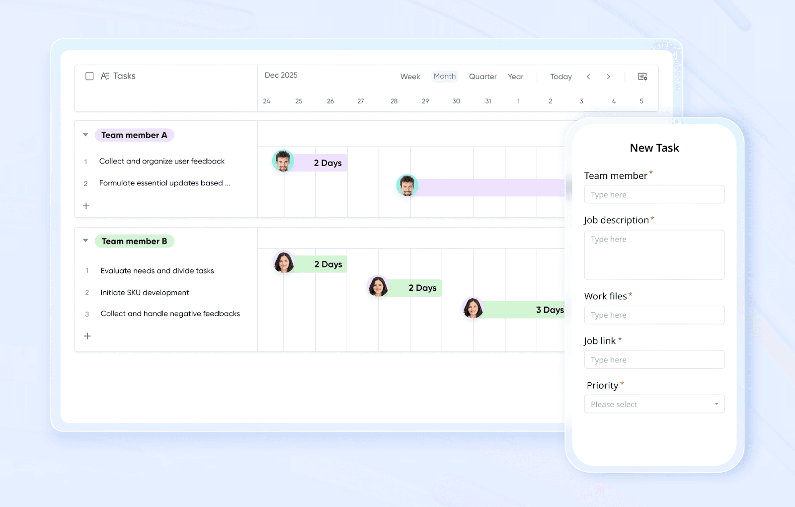 Tasks added through the mobile app and visualized in a Gantt chart