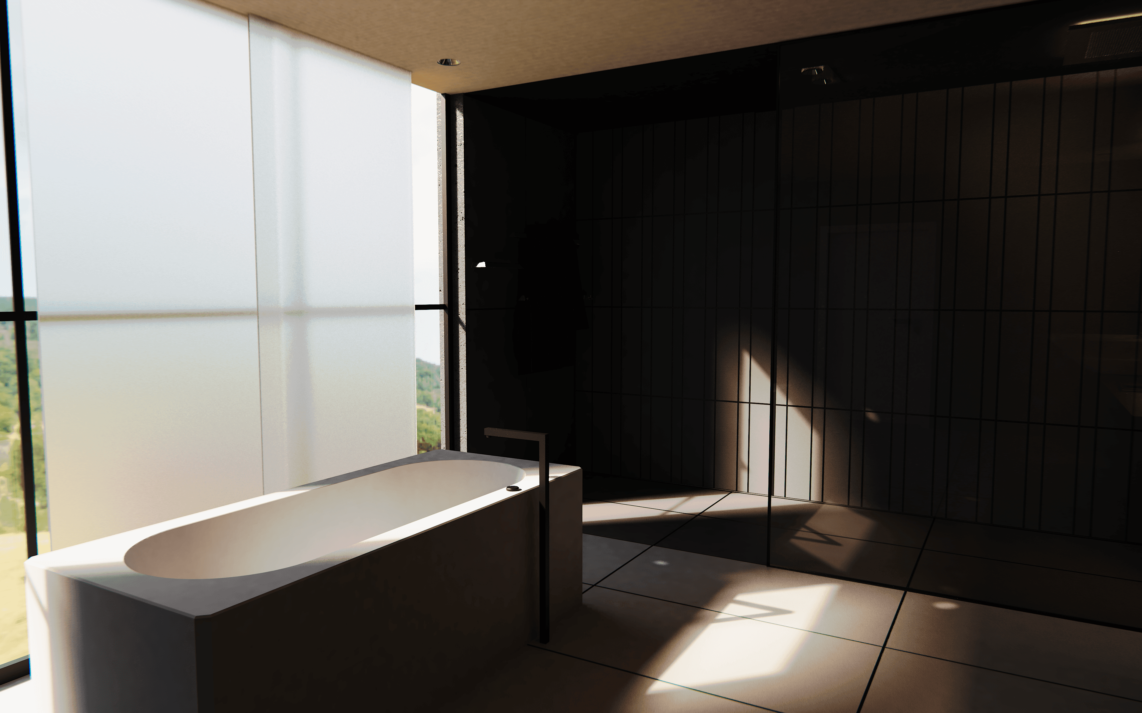 Bathroom render scene showing a slightly warm lit bathroom during the day, focusing on the towel holder from the Kane bathroom accessories collection, with a bathtub positioned in front of the window.