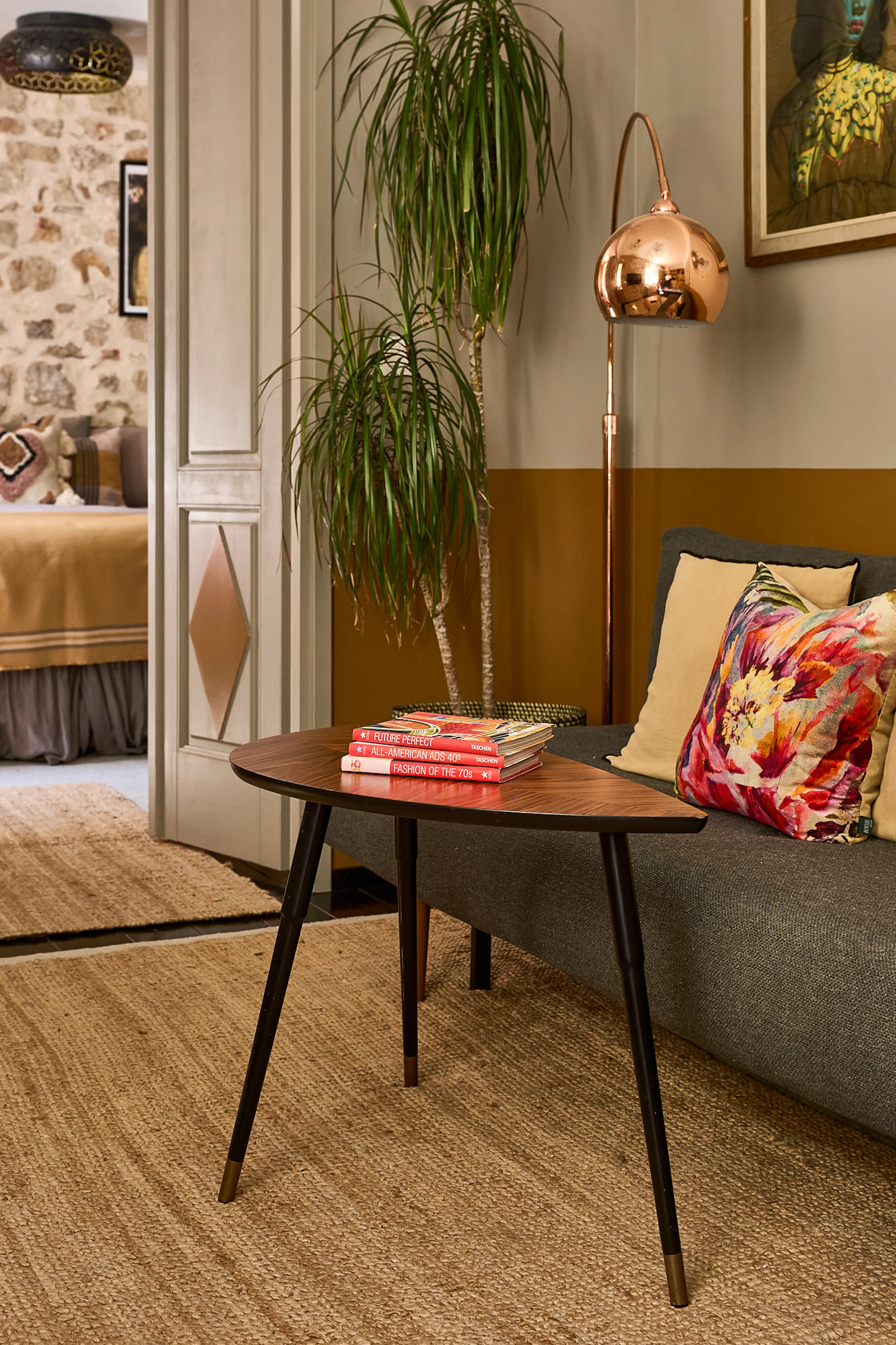 Lounge with walnut side table and copper arc floor lamp, Lina Suite, Hidden House Stari Grad