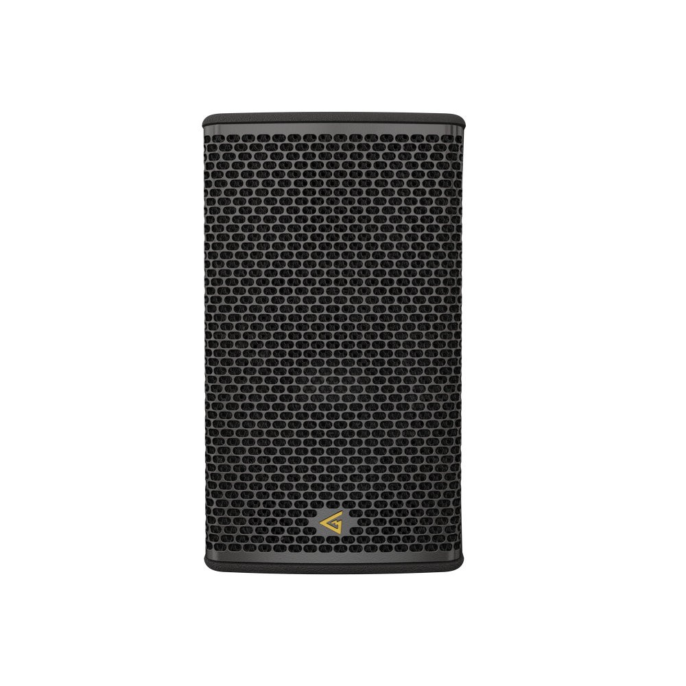 Black speaker with metallic grille and logo