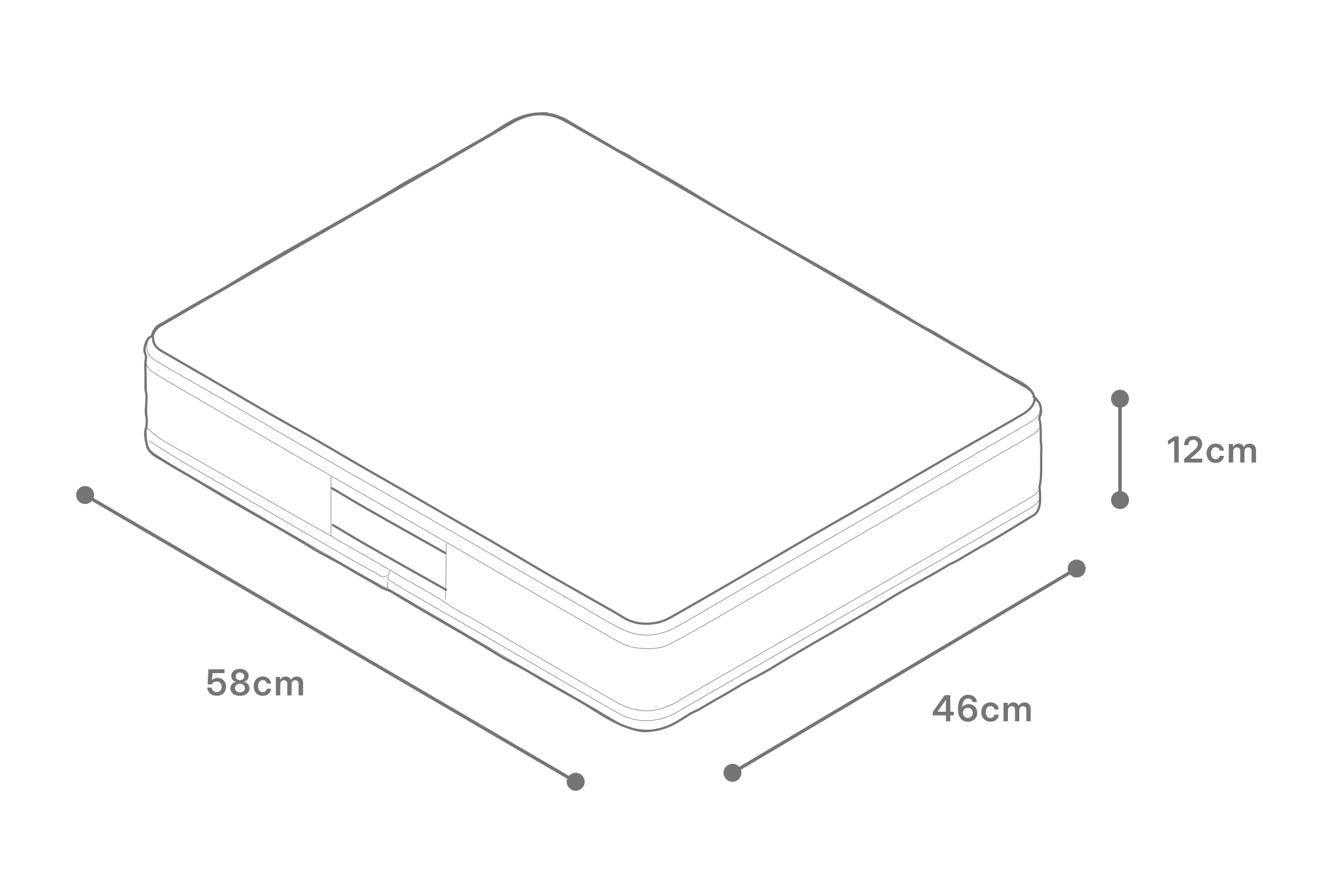 Illustration of compact carry case for luxury pool float, measuring 58cm x 46cm x 12cm — travel-friendly and refined.