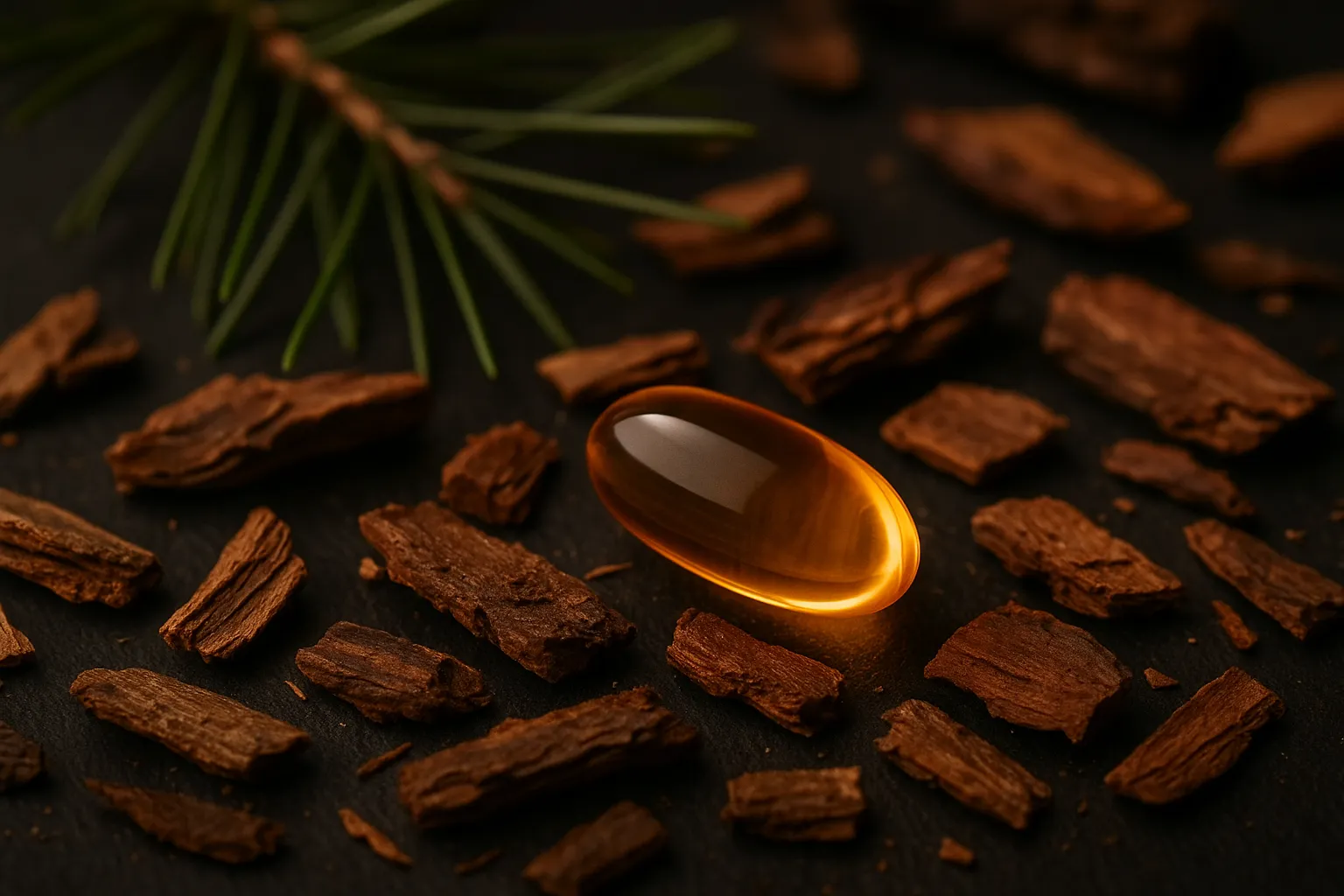 Pine Bark Extract softgel among pine bark pieces and needles