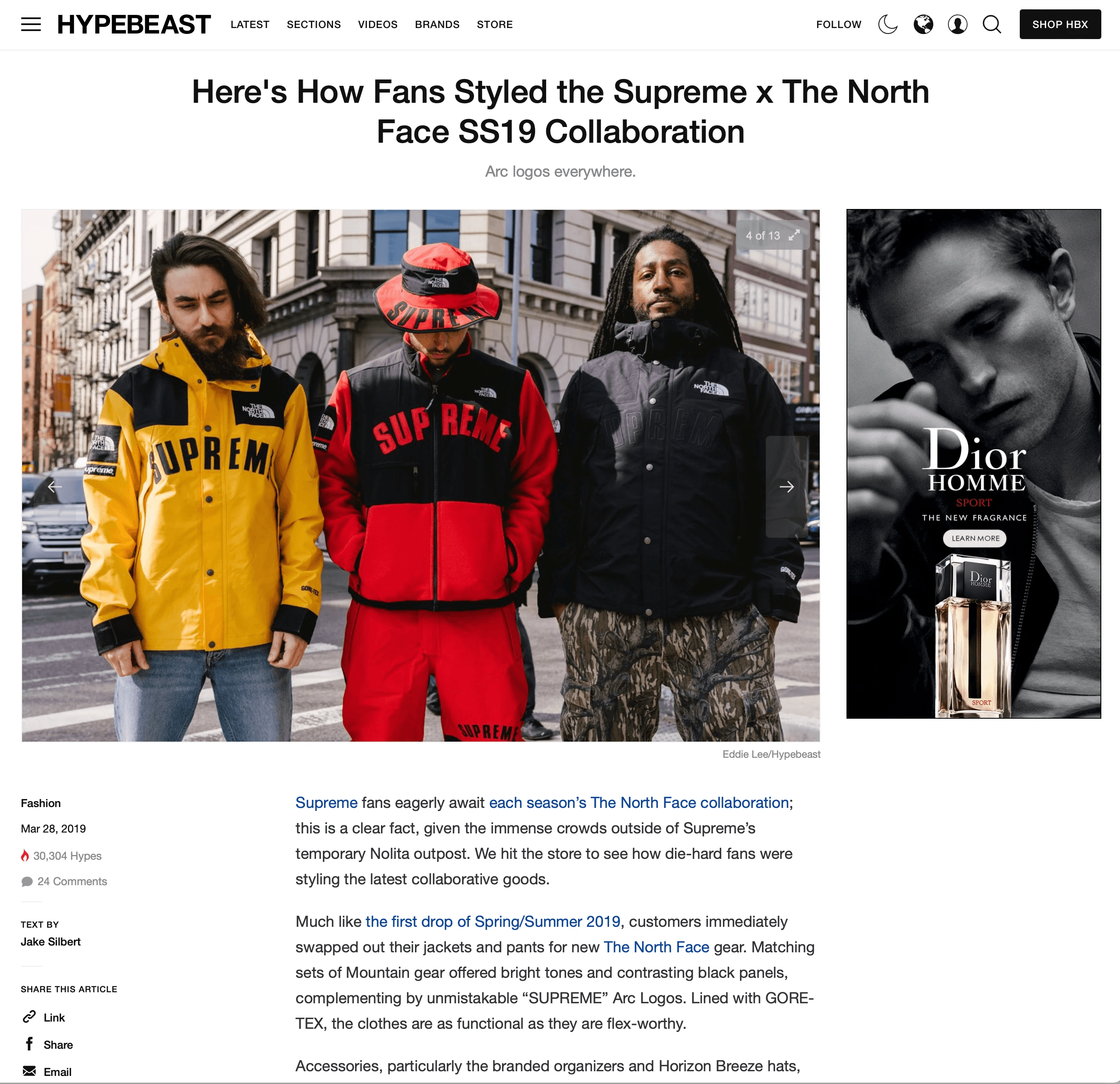 Screenshot of a Hypebeast article featuring three people, including Nick TK Pinto & Eric Whiteback, wearing Supreme x The North Face outfits on a city street.