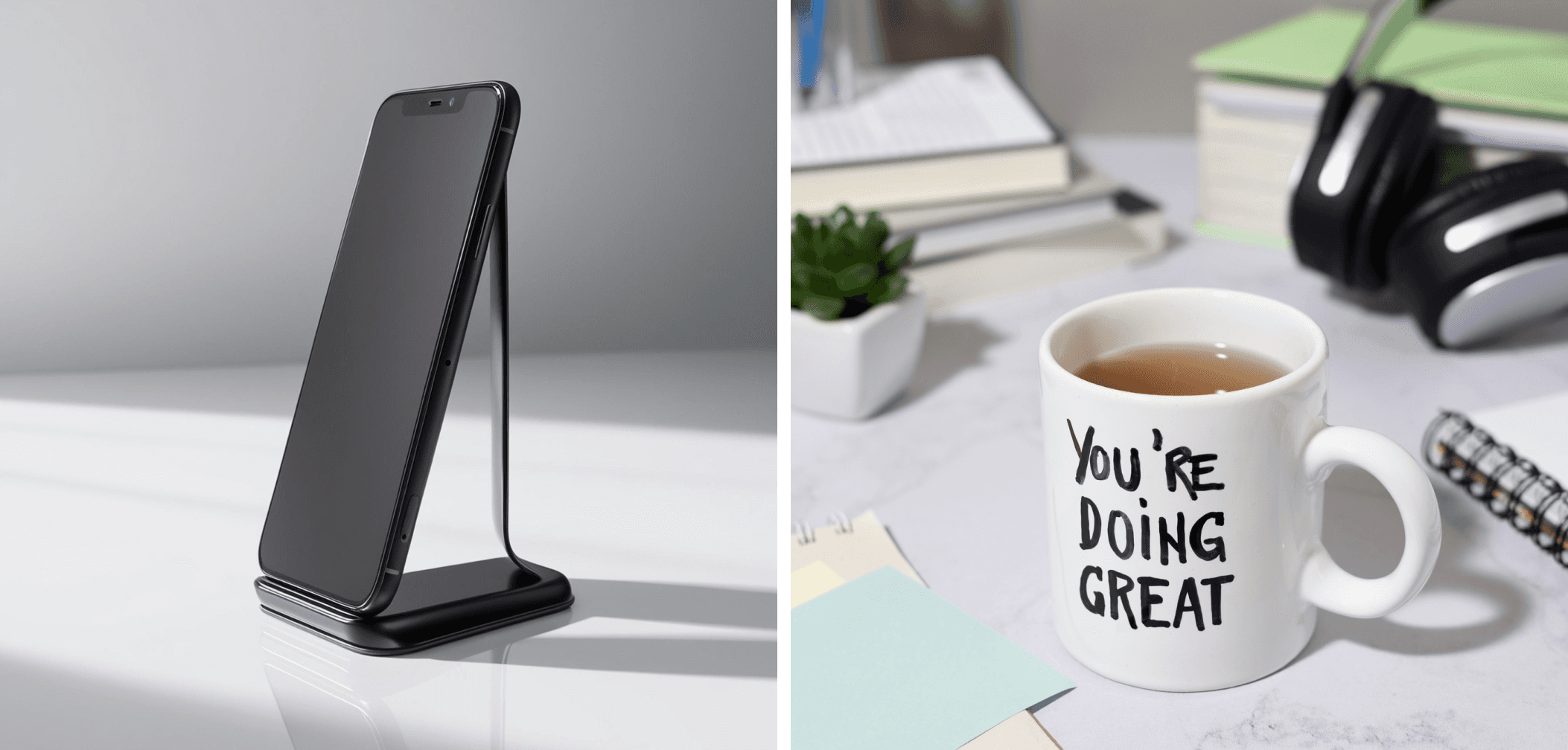 Side-by-side image showing a smartphone on a sleek black stand and a white mug with “You’re doing great” printed on it, placed on a desk with books and headphones in the background.