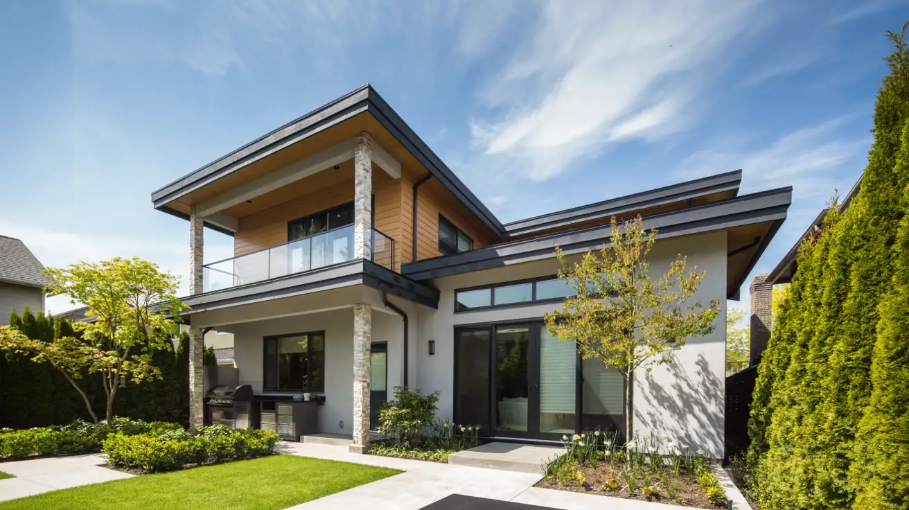 Rear exterior of modern custom home showcasing two-story design, covered patio with outdoor kitchen, glass-railed balcony, contemporary architecture, and professional landscaping in Richmond